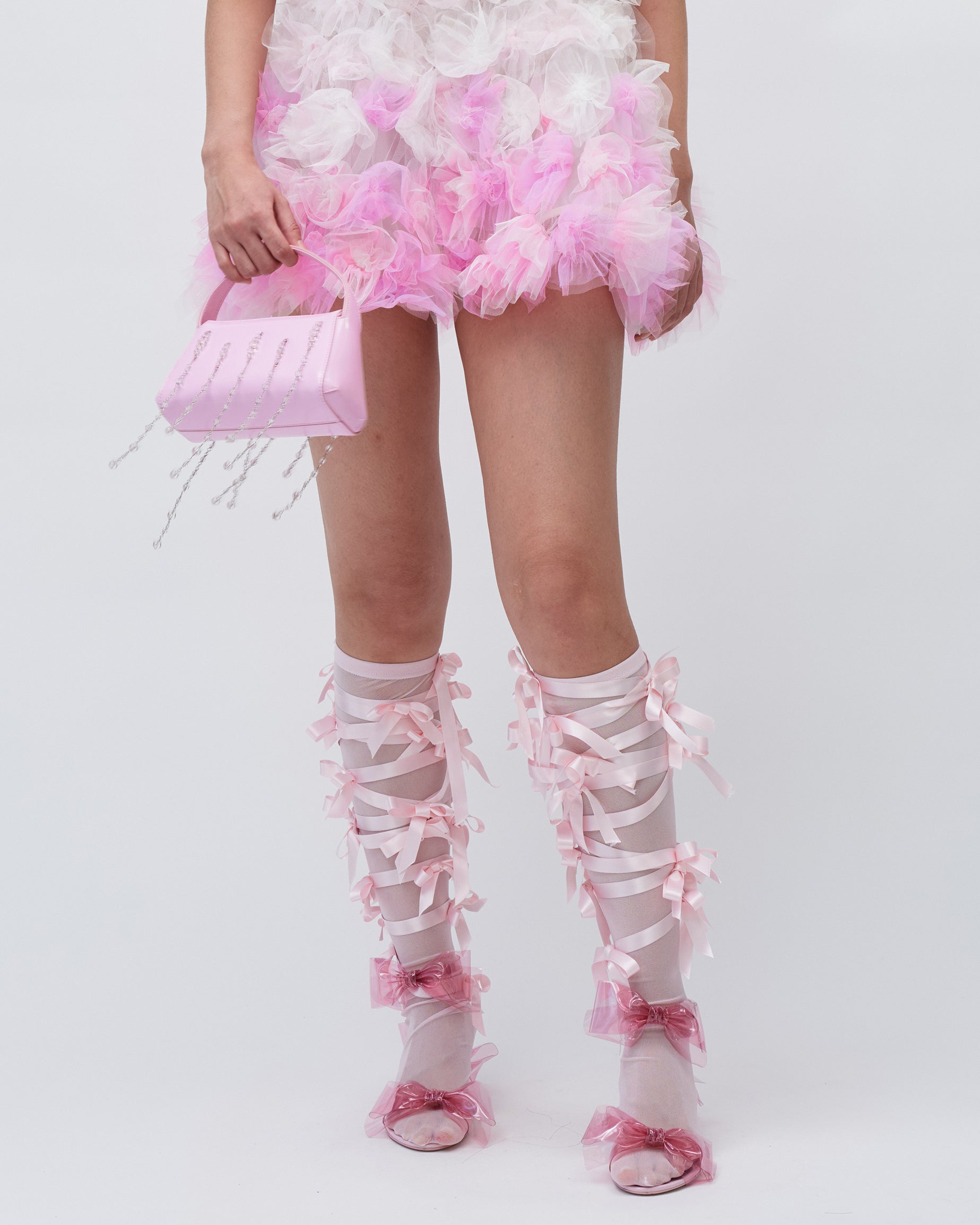 WOMENS RIBBON KNEE-HIGH SOCKS PINK LINGERIE TIGHTS BOWS 