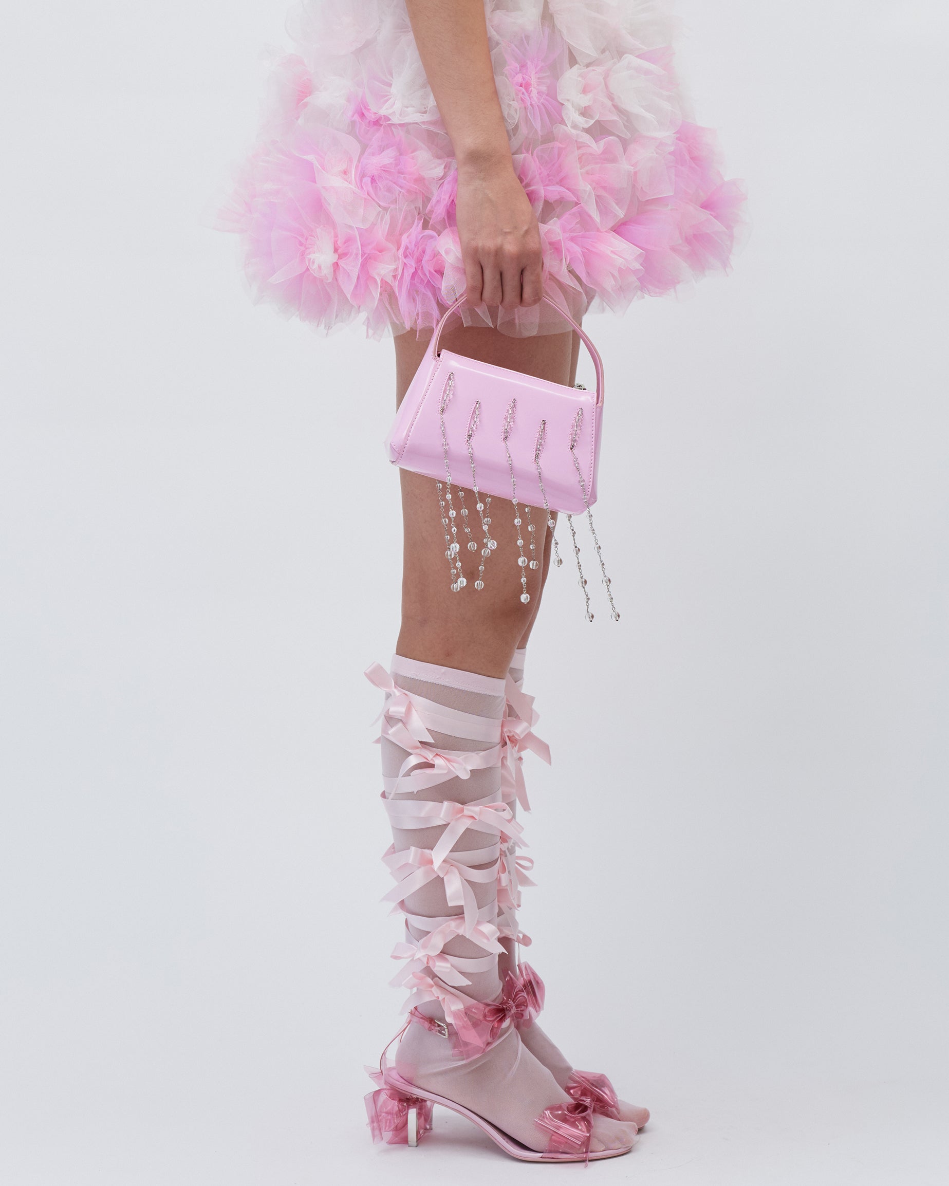 WOMENS RIBBON KNEE-HIGH SOCKS PINK LINGERIE TIGHTS BOWS 