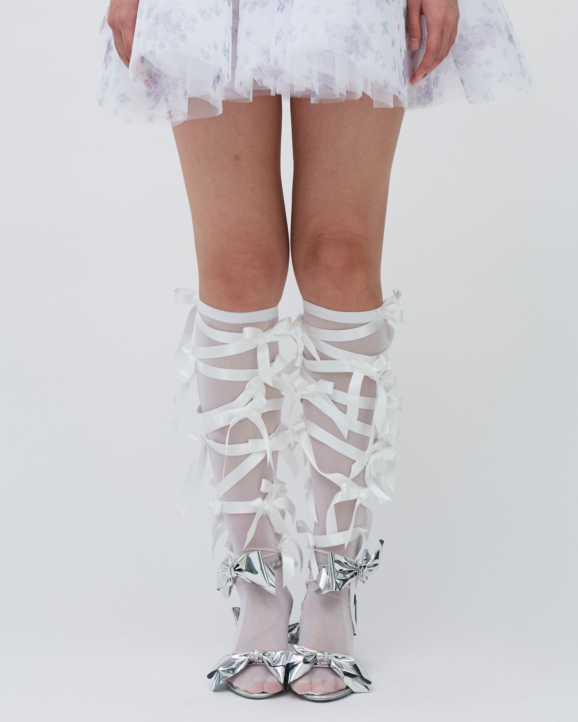 WOMENS RIBBON KNEE-HIGH SOCKS WHITE LINGERIE TIGHTS BOWS 