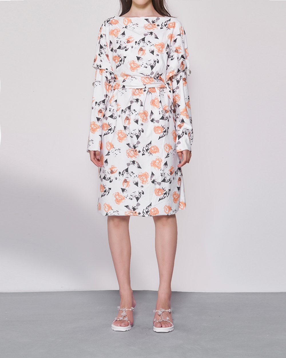 WOMEN GIRL LONG SLEEVE STYLE MIDI ROSE PRINT BUBBLE JERSEY DRESS