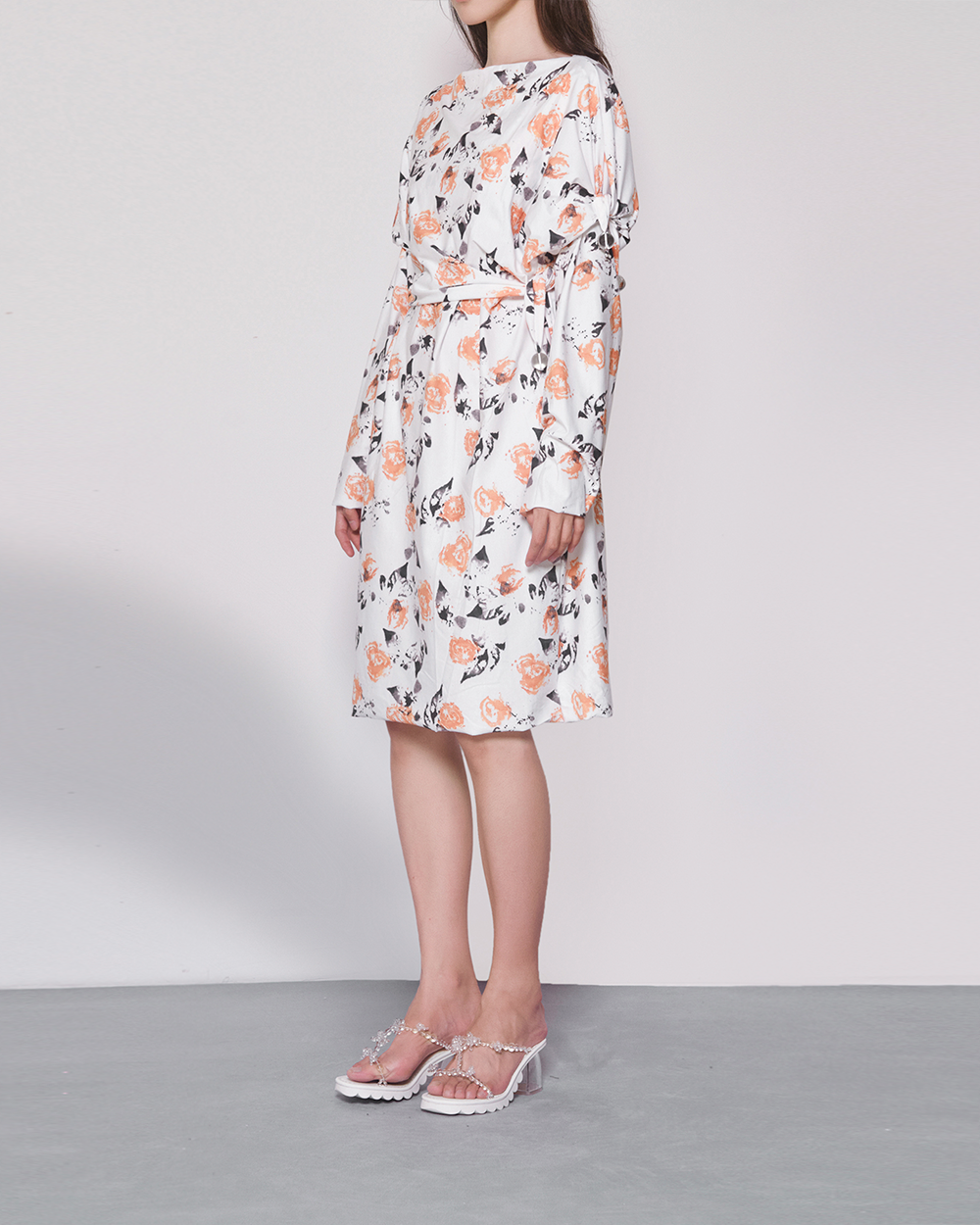 WOMEN GIRL LONG SLEEVE STYLE MIDI ROSE PRINT BUBBLE JERSEY DRESS