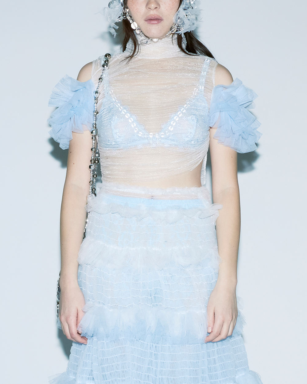 TRANSPARENT BODICE TURTLENECK SHIRRED BANDAGE WRAP TOP PUFF RUFFLED SLEEVE