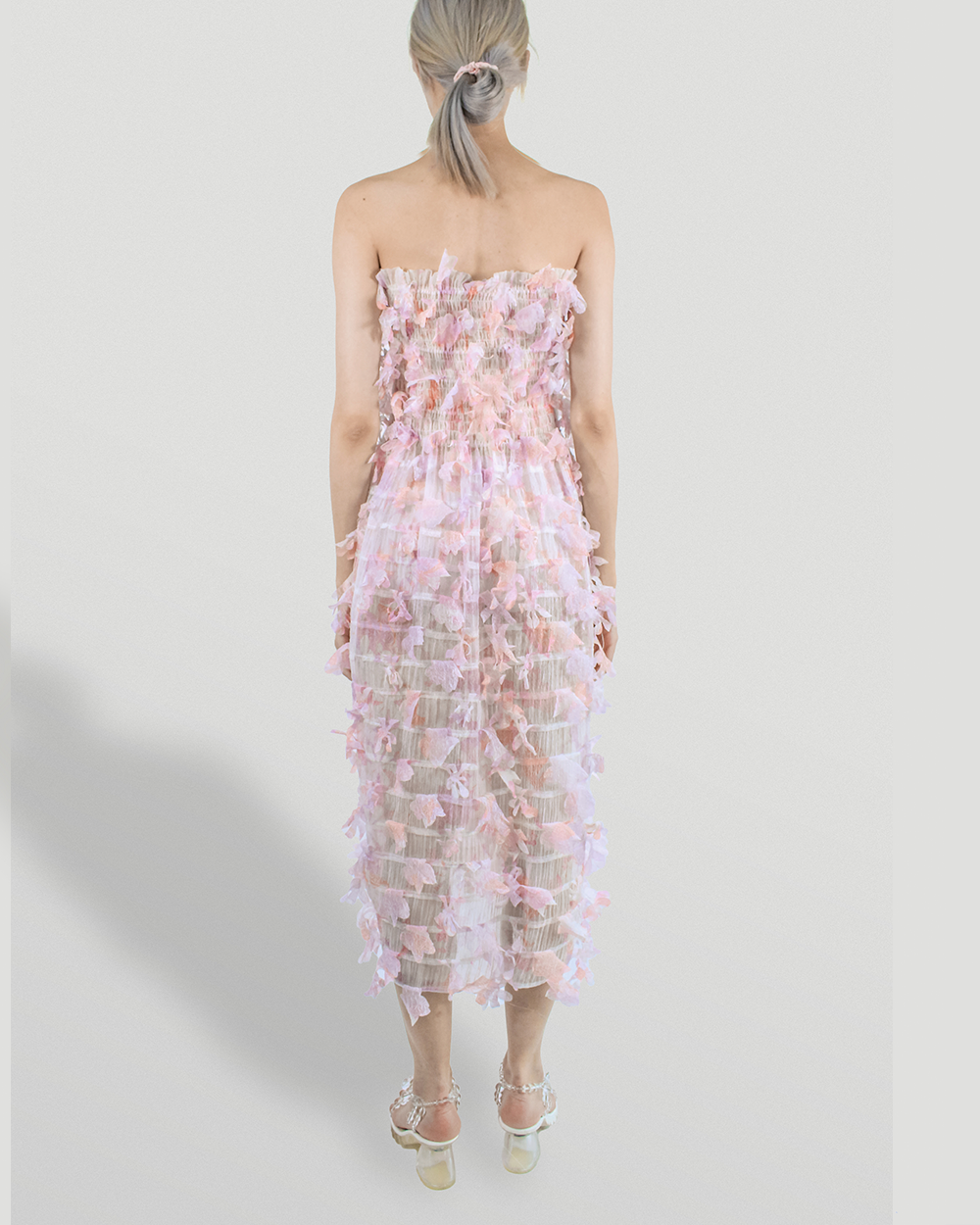 WOMEN GIRL PINK STRAPLESS MIDI SHIRRED LASER CUT FLOWER DRESS