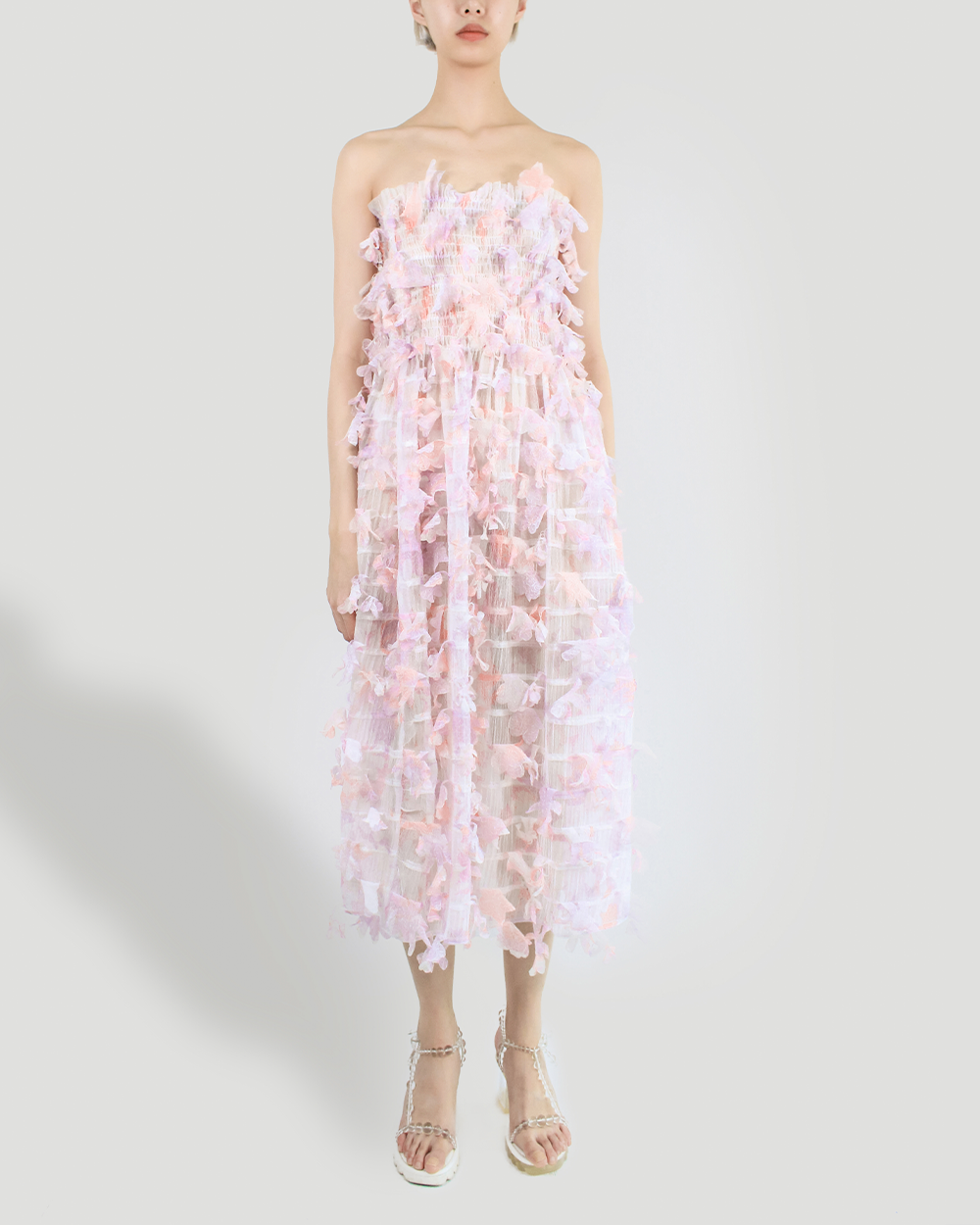 WOMEN GIRL PINK STRAPLESS MIDI SHIRRED LASER CUT FLOWER DRESS