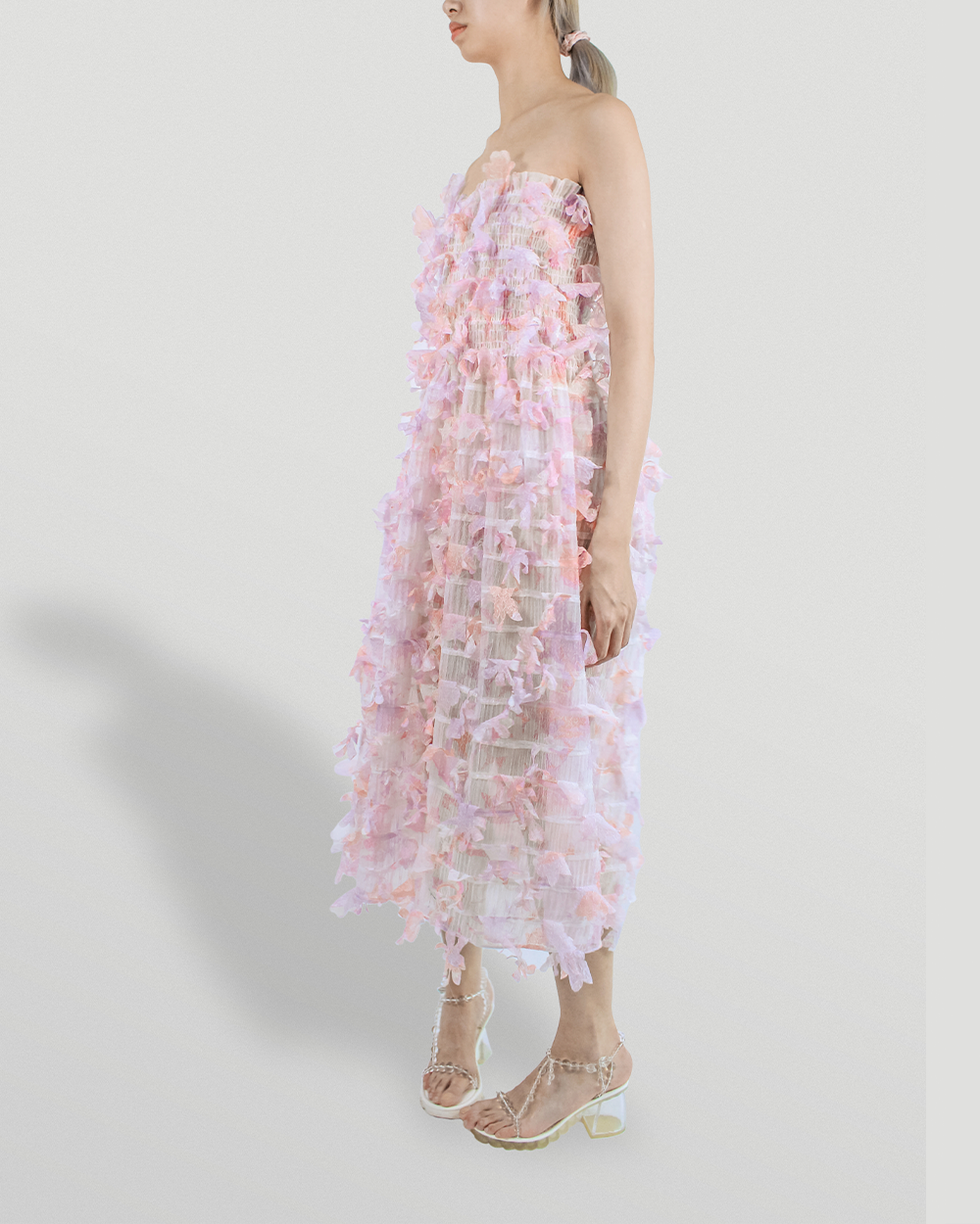 WOMEN GIRL PINK STRAPLESS MIDI SHIRRED LASER CUT FLOWER DRESS
