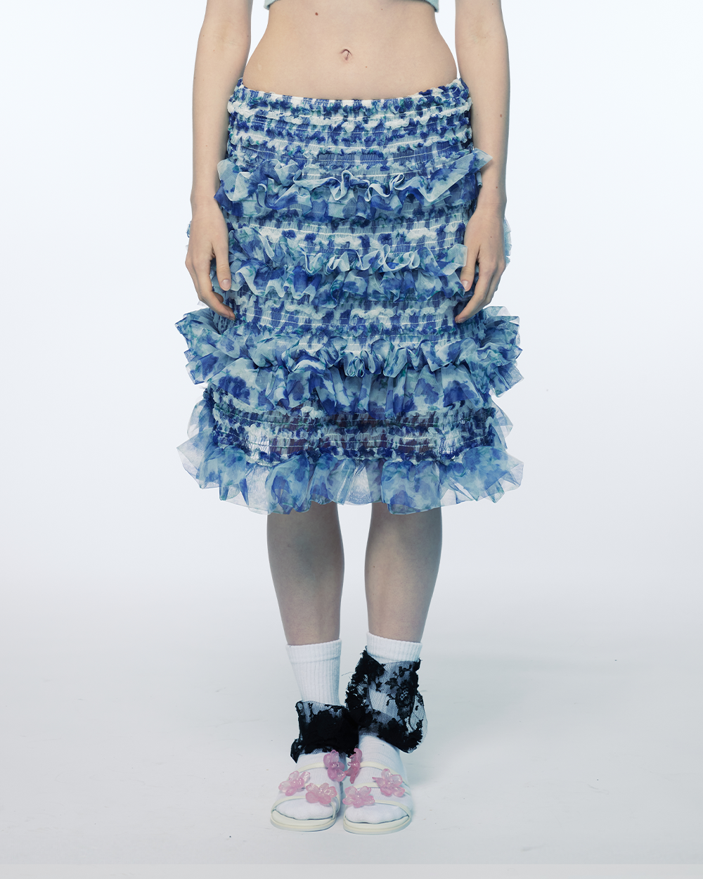 WOMEN BLUE SHIRRED TIERED RUFFLE SHEER MIDI KNEE LONG SKIRT