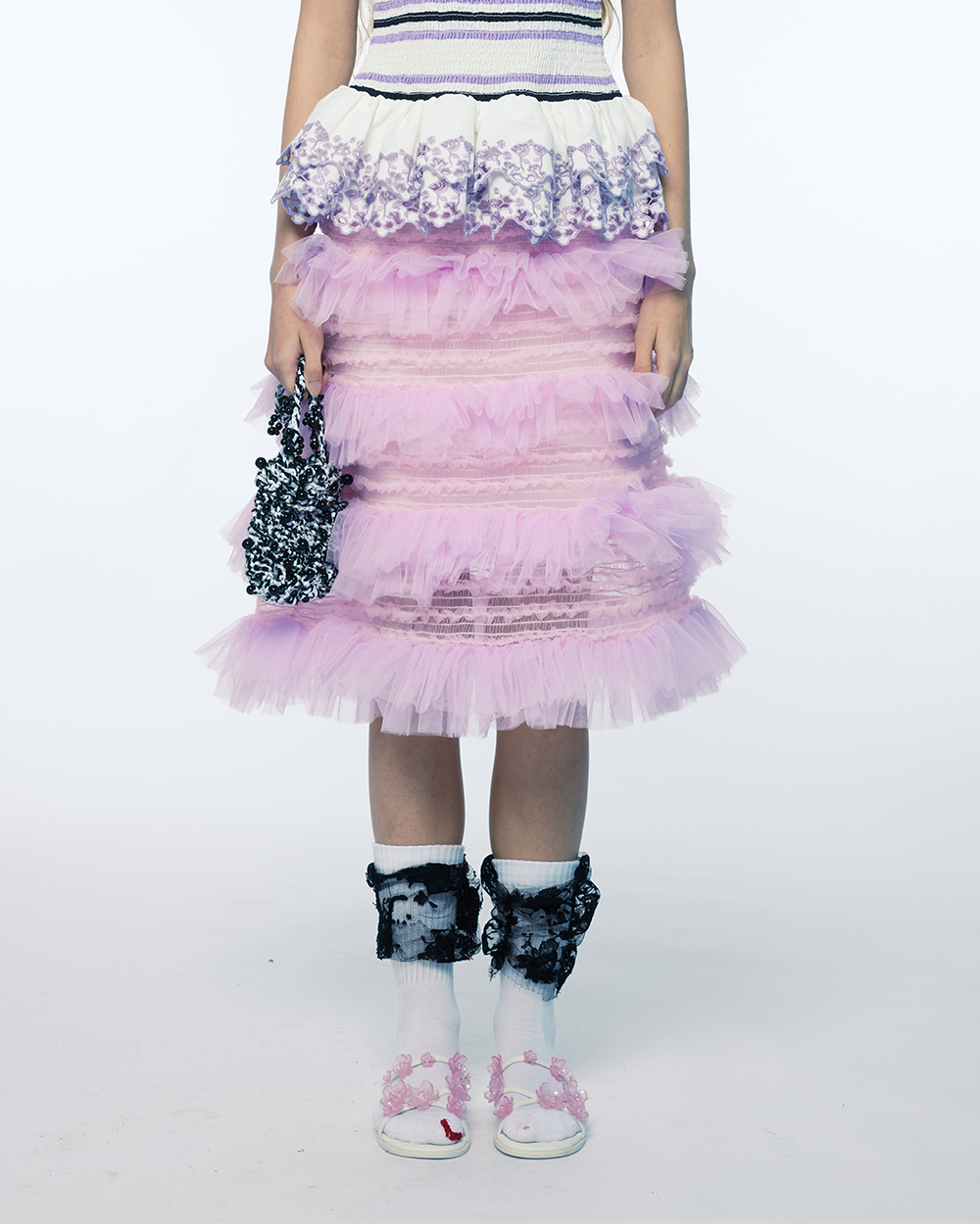 WOMEN PINK SHIRRED TIERED RUFFLE SHEER MIDI SKIRT