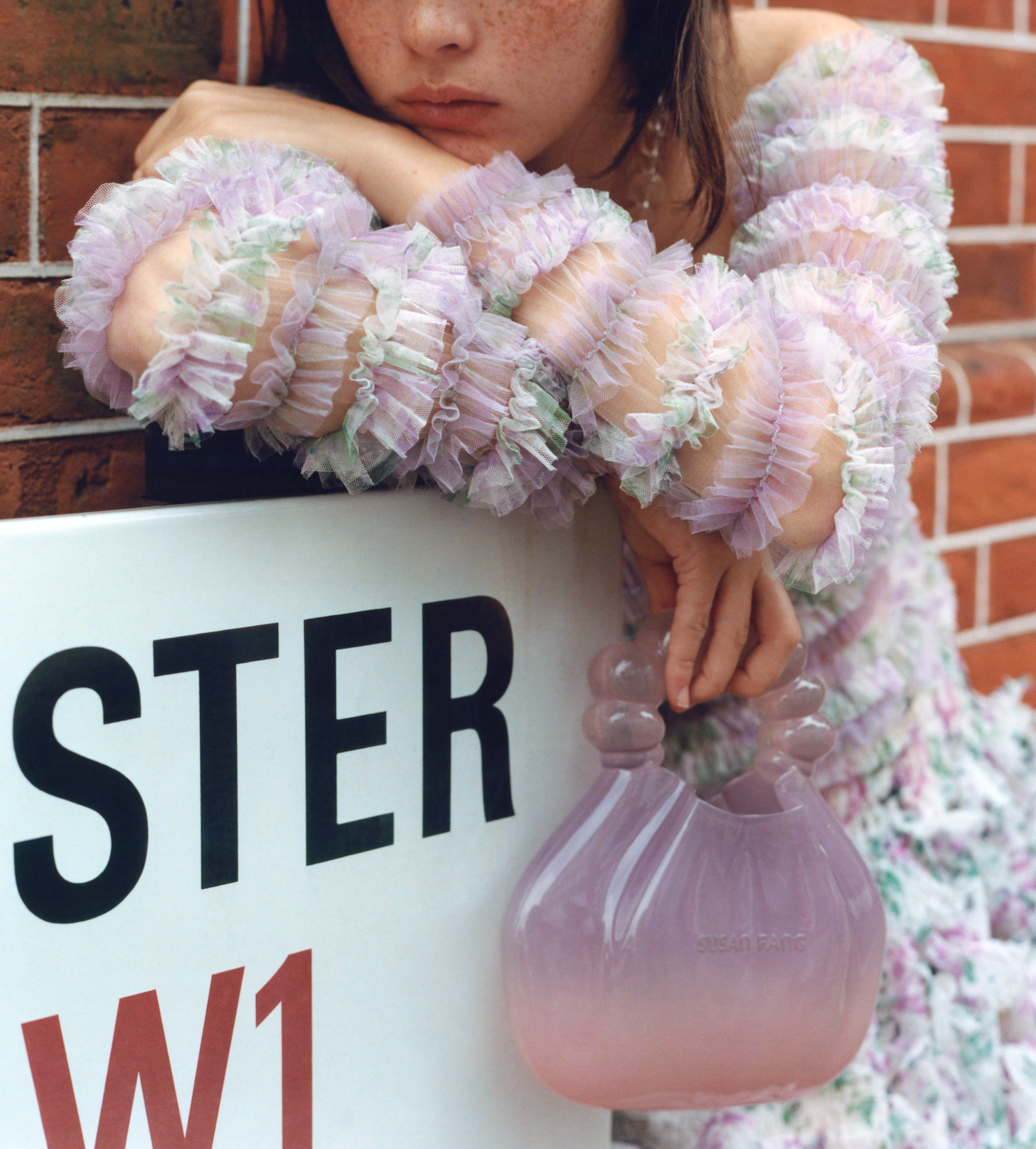 SHIRRED TULLE LONG SLEEVE GATHERED PURPLE AND FLORAL PATTERNS TOP
