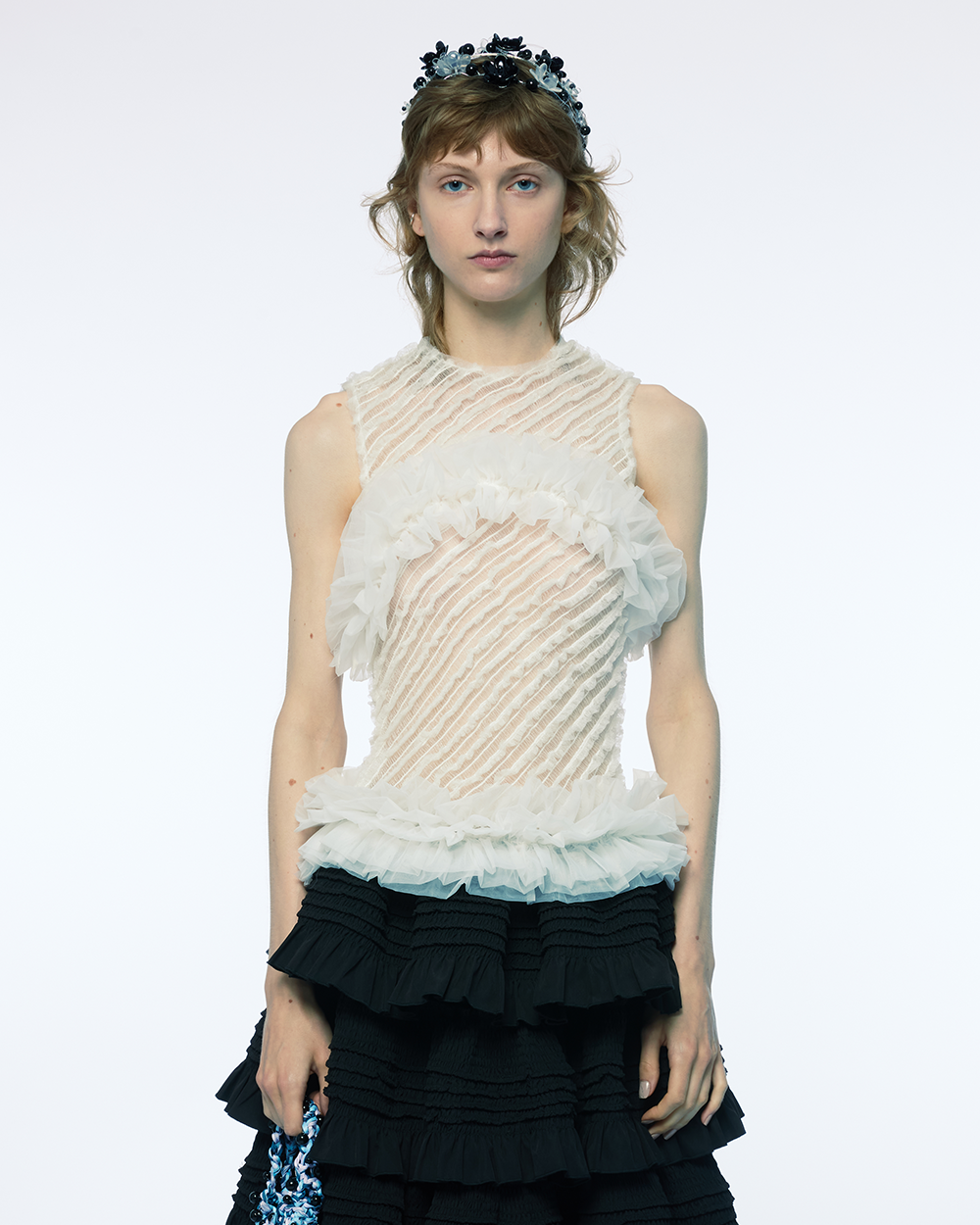 Sheer Ruffles Garments SUSAN FANG SMOCKED RUFFLE SHEER BLOUSE