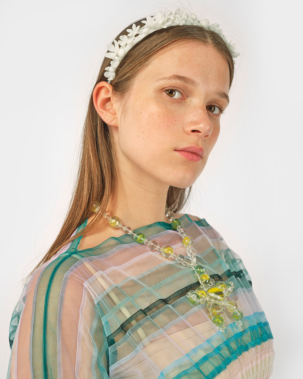 GREEN WOMEN STRIPED SMOCKED MIDI LONG SLEEVE DRESS WEDDING EVENING DRESSES, BEADED NECKLACE AND WHITE FLOWER HEADBAND