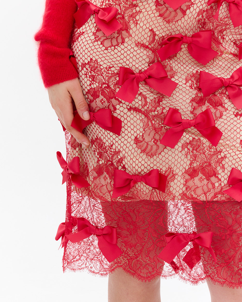 SUSAN FANG BOW LACE PENCIL SKIRT RED details