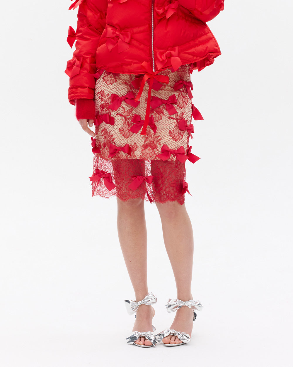 SUSAN FANG BOW LACE PENCIL SKIRT RED