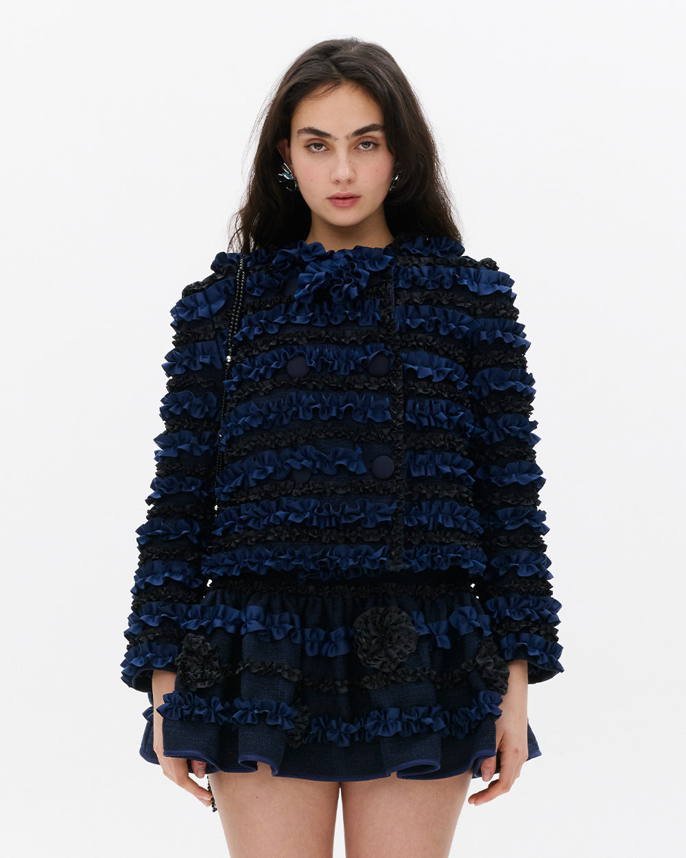SUSANFANGGATHEREDRIBBONBOWJACKETDARKNAVYfront