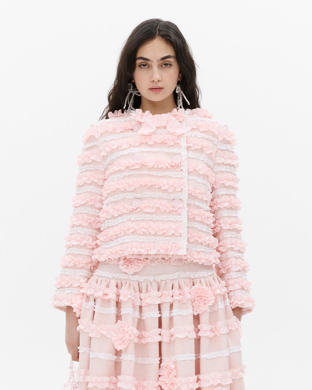 SUSANFANGGATHEREDRIBBONBOWJACKETPINKfront
