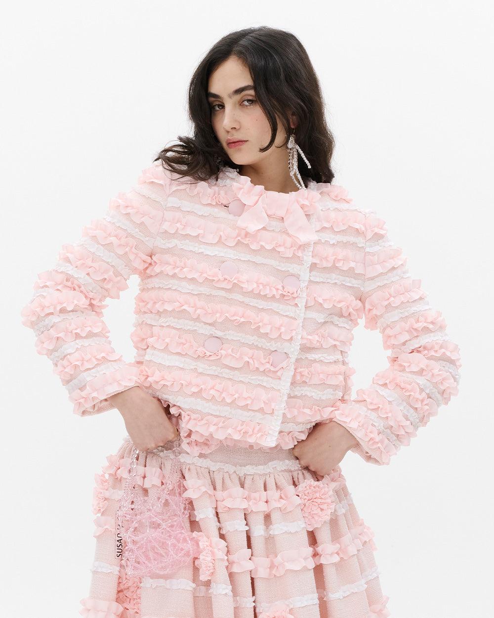 SUSANFANGGATHEREDRIBBONBOWJACKETPINKside