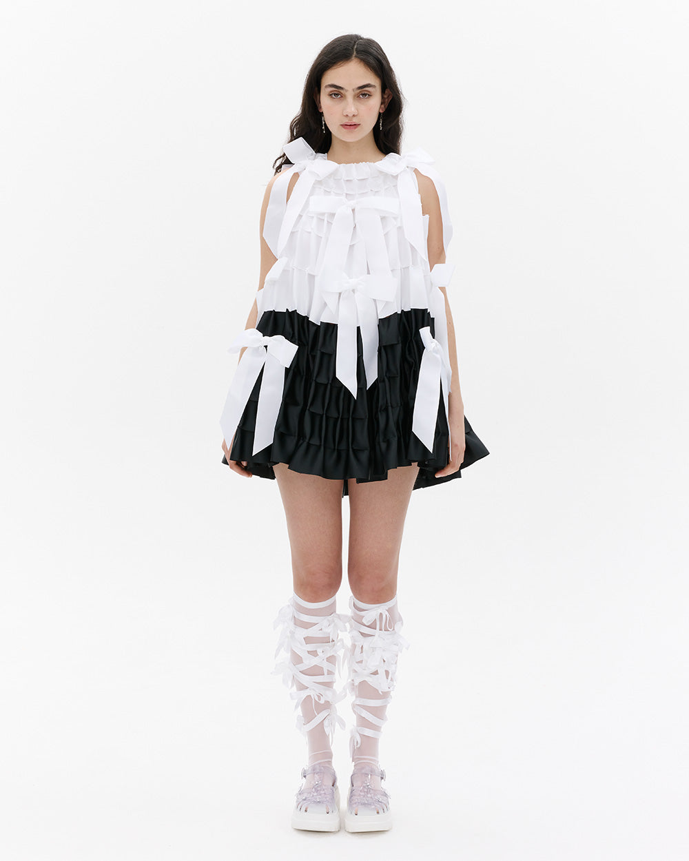 GATHERED RIBBON BOW MINI DRESS