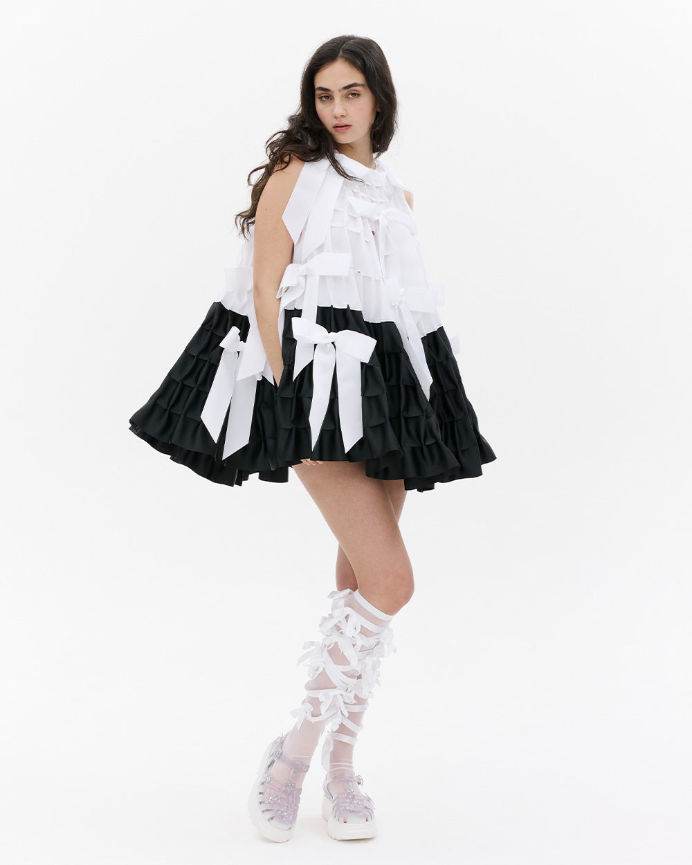 GATHERED RIBBON BOW MINI DRESS