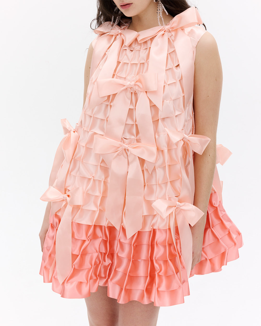 GATHERED RIBBON BOW MINI DRESS