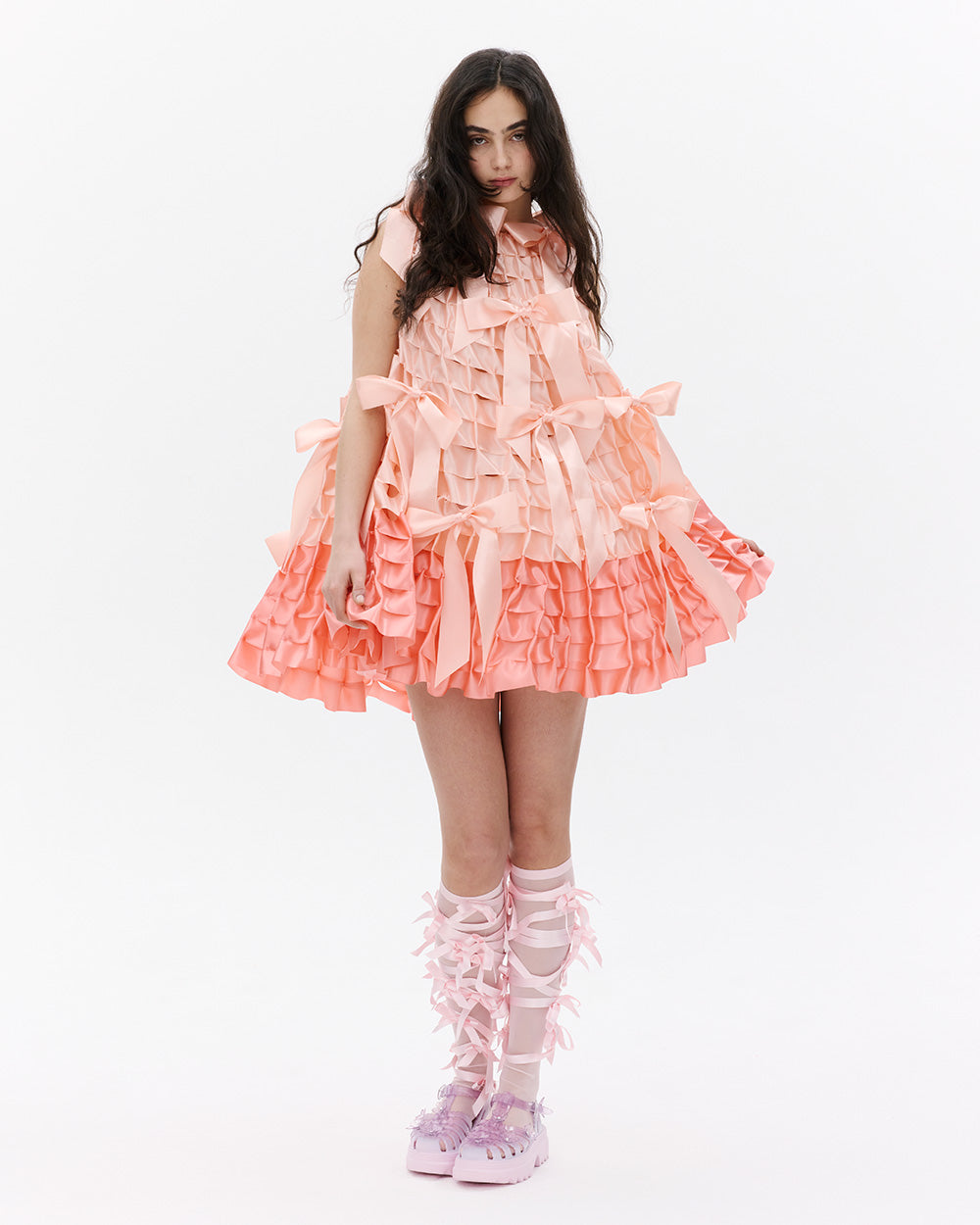 GATHERED RIBBON BOW MINI DRESS