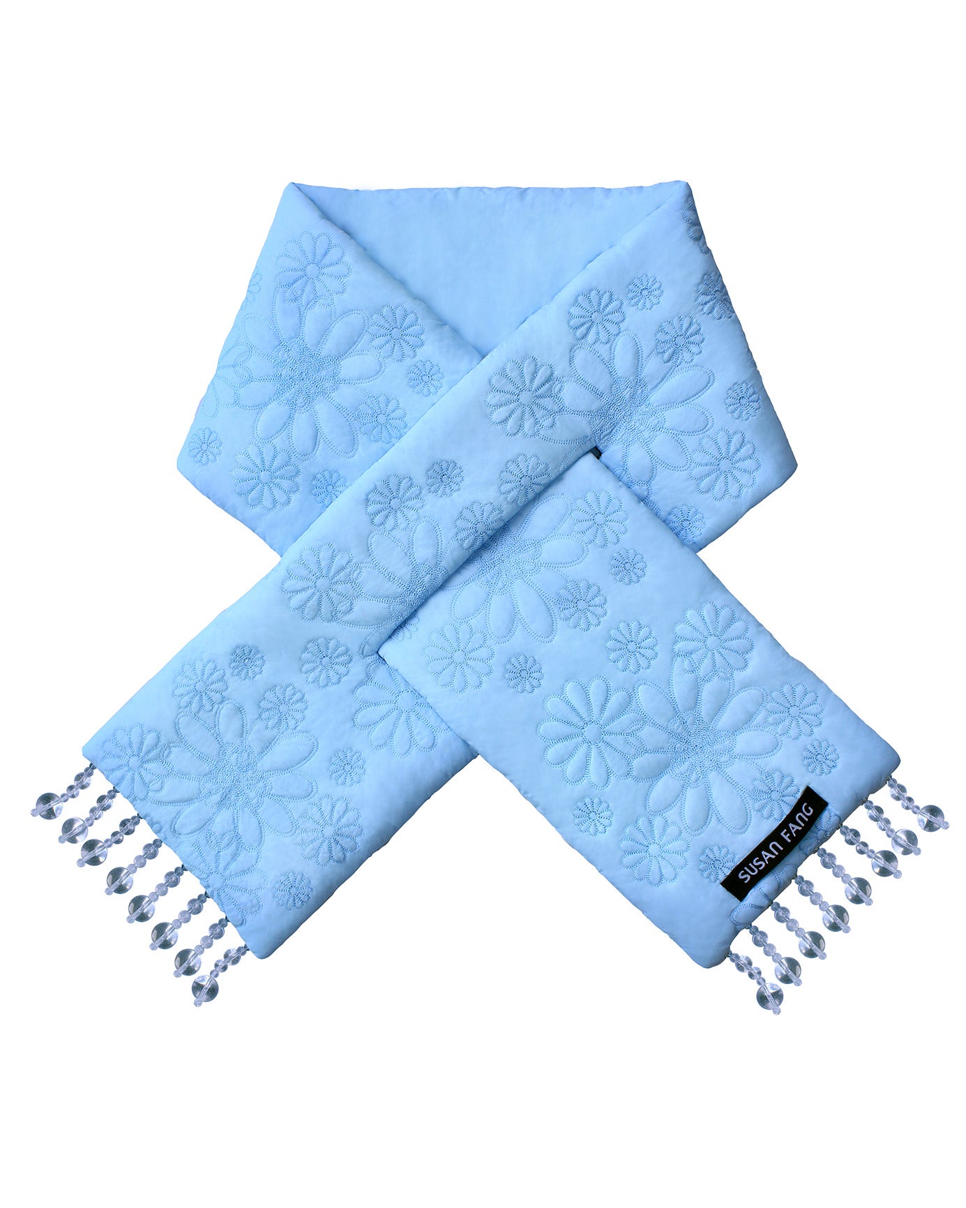 SUSAN FANG QUILTING BEADED SCARF BLUE FLOWER TASSELS ACCESSORIES WINTER WEAR 