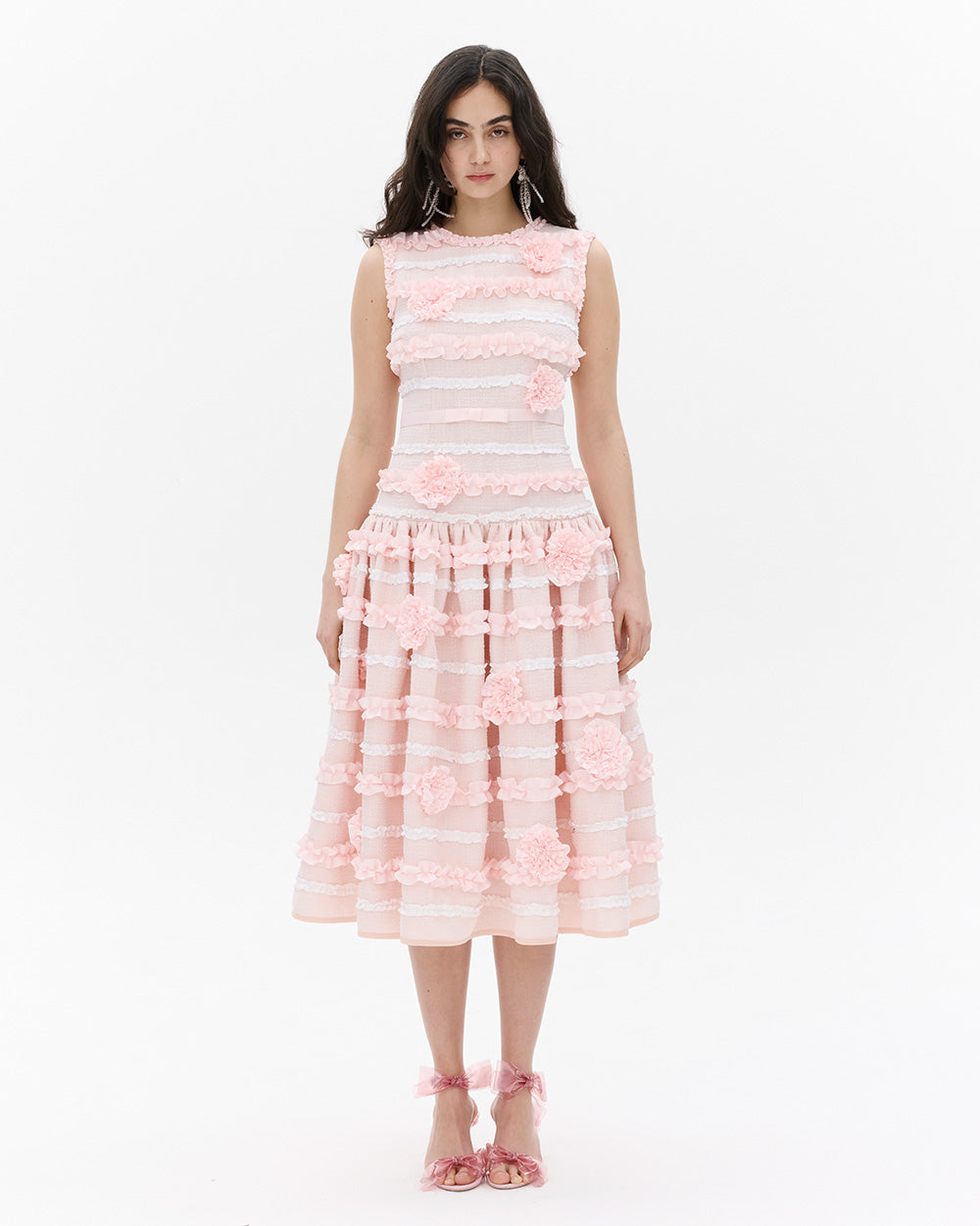 SUSANFANGRIBBONROSETWEEDMIDIDRESSPINKfront