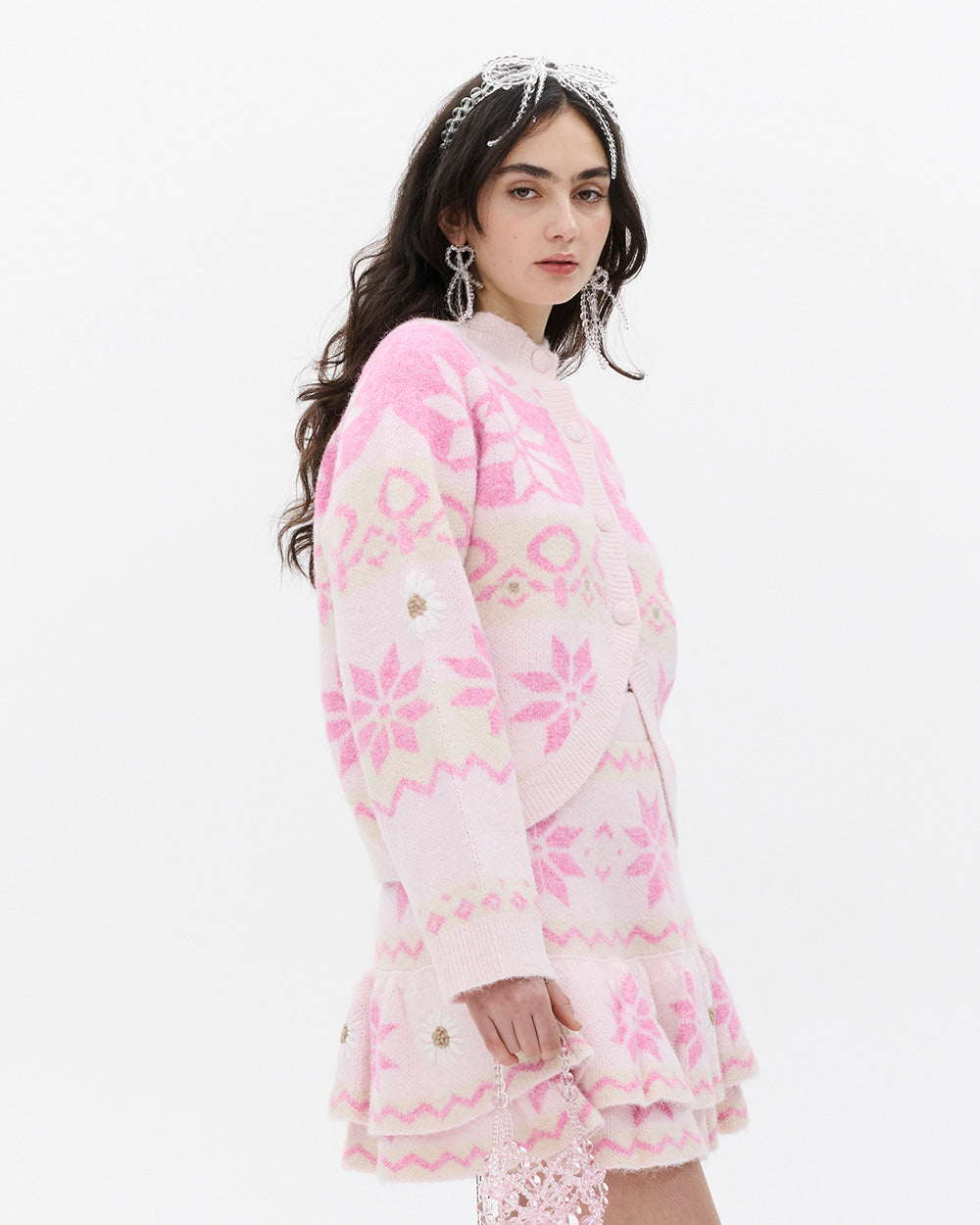 SUSAN FANG RECYCLED JACQUARD KNIT CARDIGAN PINK