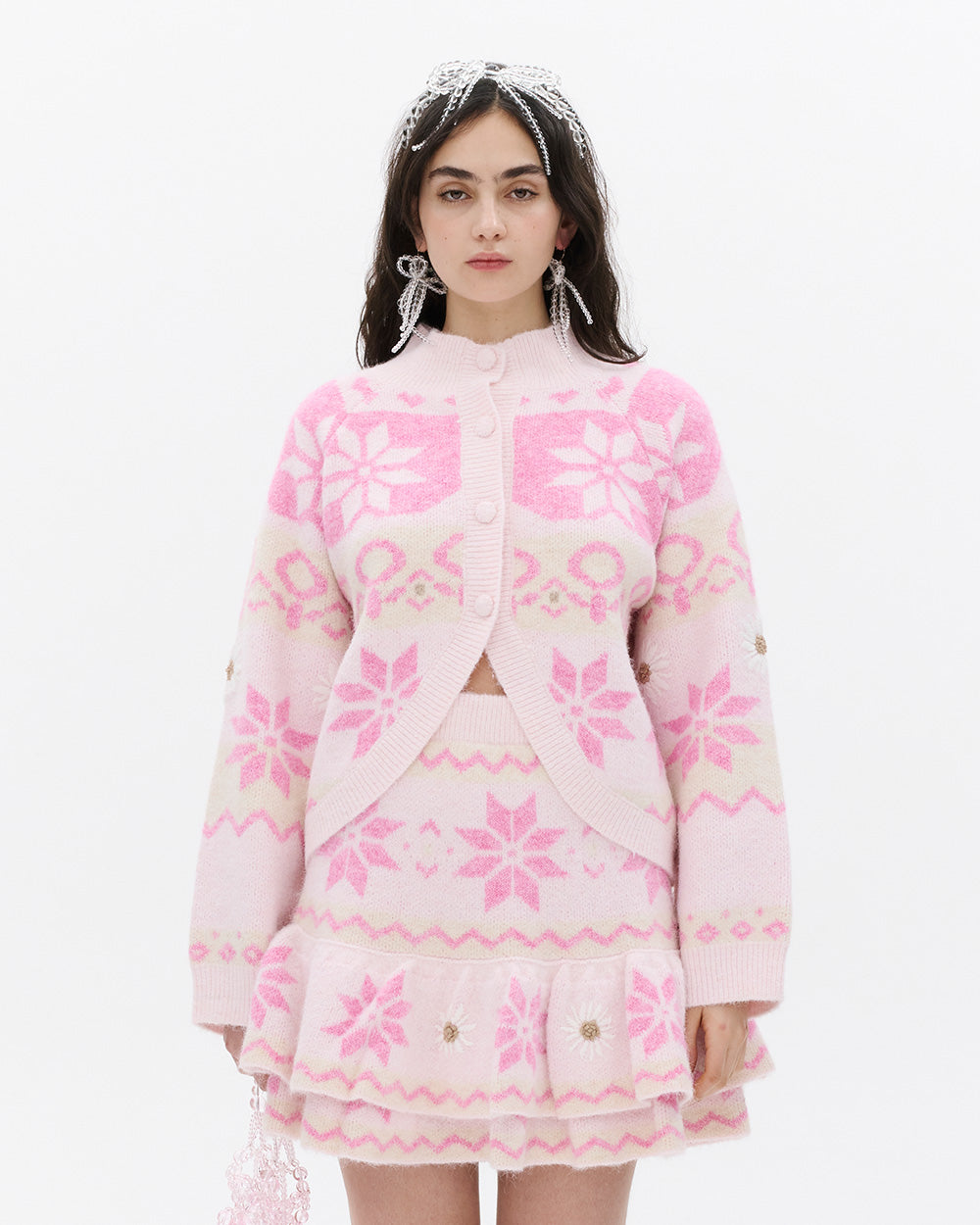 SUSAN FANG RECYCLED JACQUARD KNIT CARDIGAN PINK front