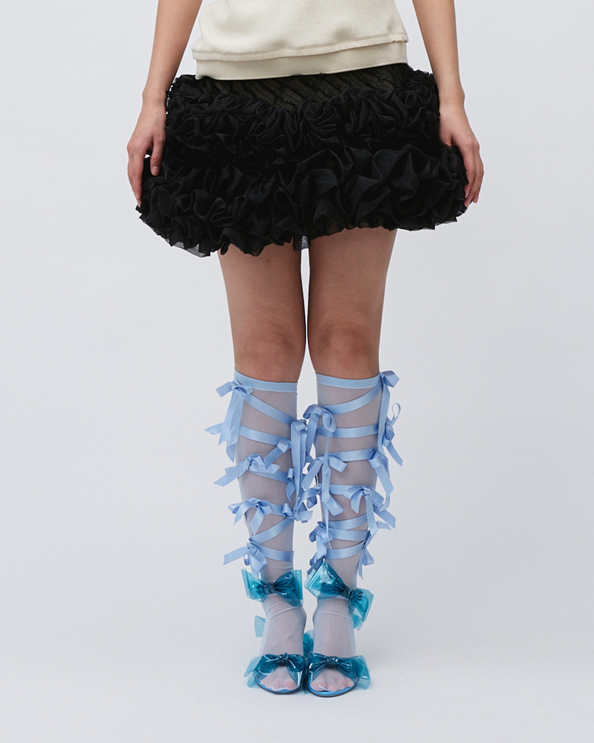 WOMENS MINI SKIRT SMOCKING AND RUFFLE SKIRT WITH ELASTIC WAISTBAND BLACK 
