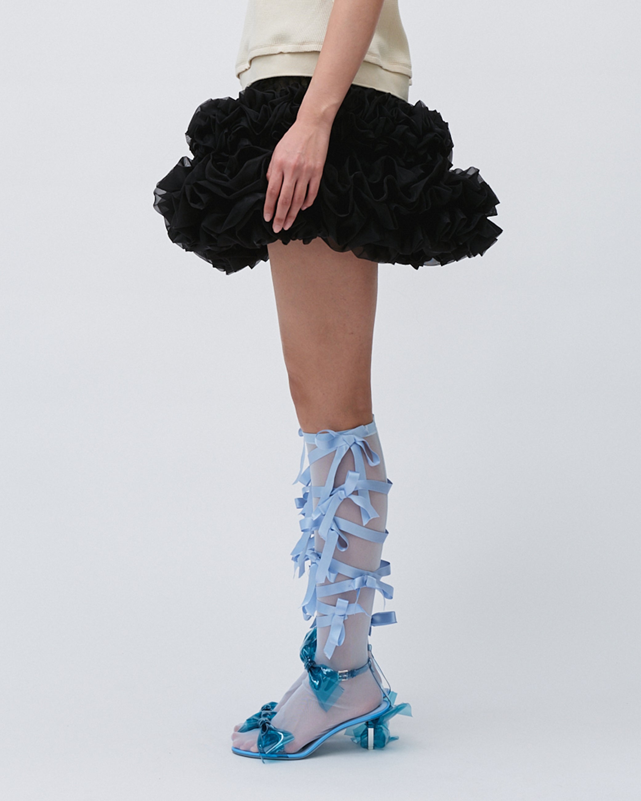 WOMENS MINI SKIRT SMOCKING AND RUFFLE SKIRT WITH ELASTIC WAISTBAND BLACK 