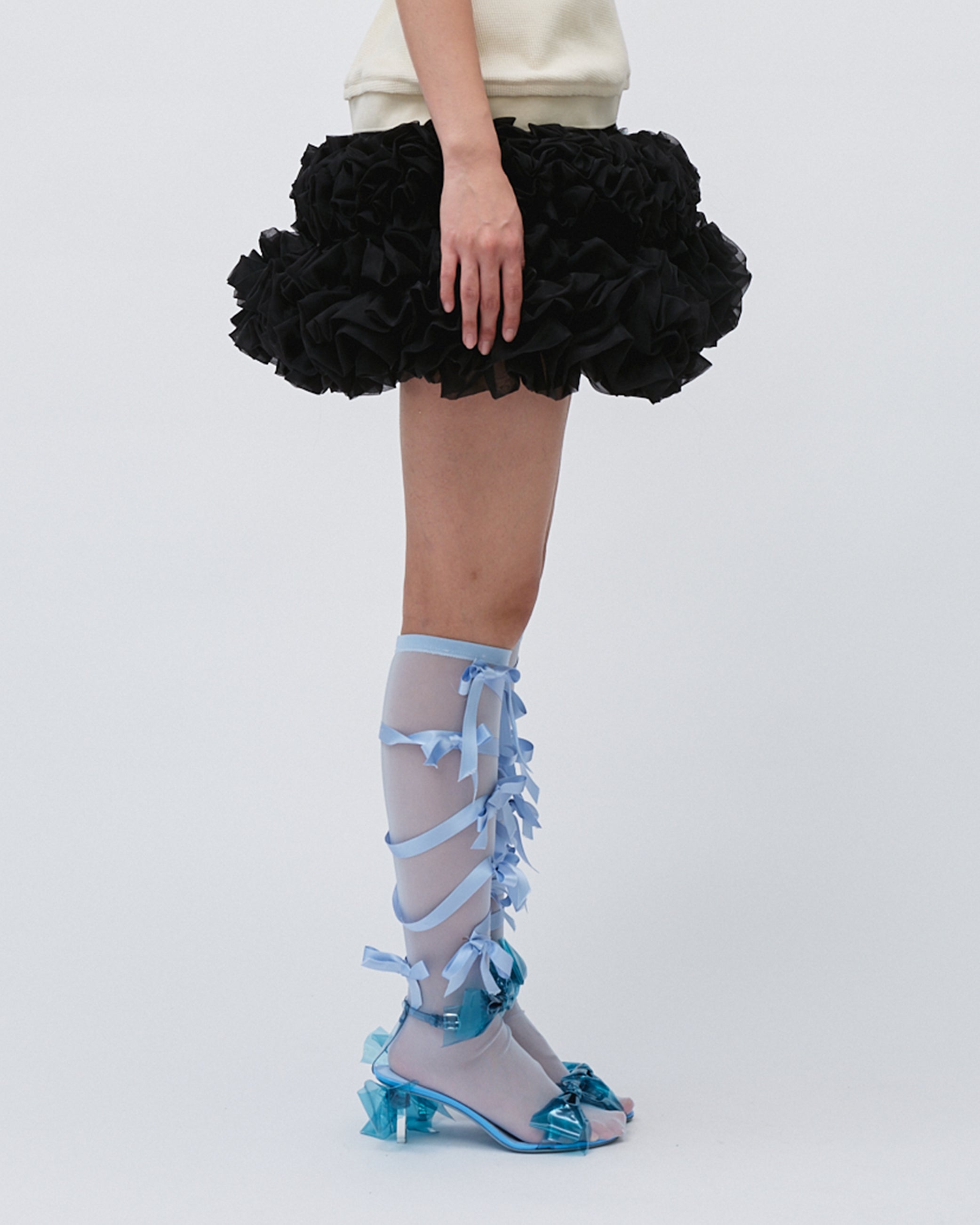 WOMENS MINI SKIRT SMOCKING AND RUFFLE SKIRT WITH ELASTIC WAISTBAND BLACK 