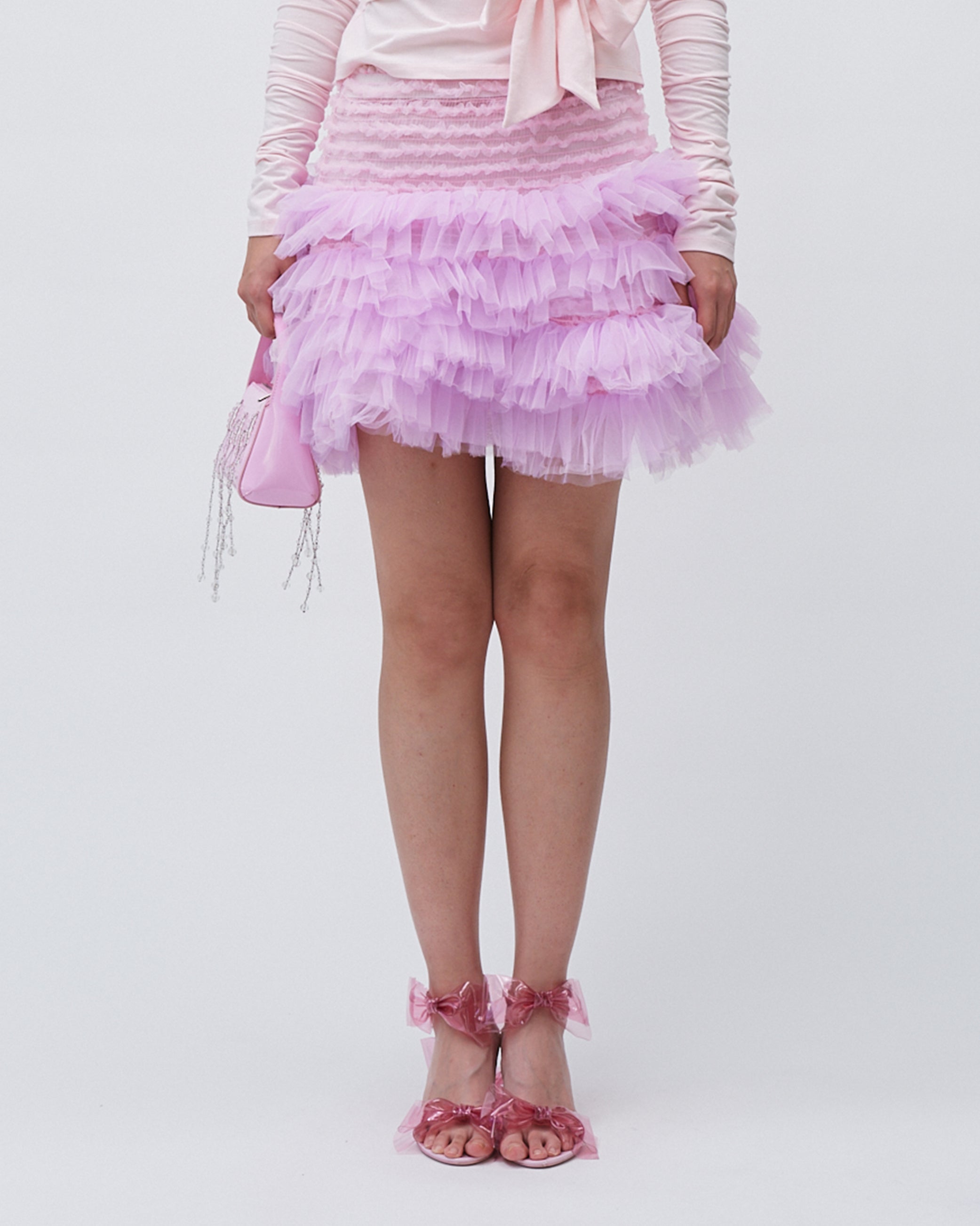 WOMENS MINI SKIRT SMOCKING AND RUFFLE SKIRT WITH ELASTIC WAISTBAND PINK