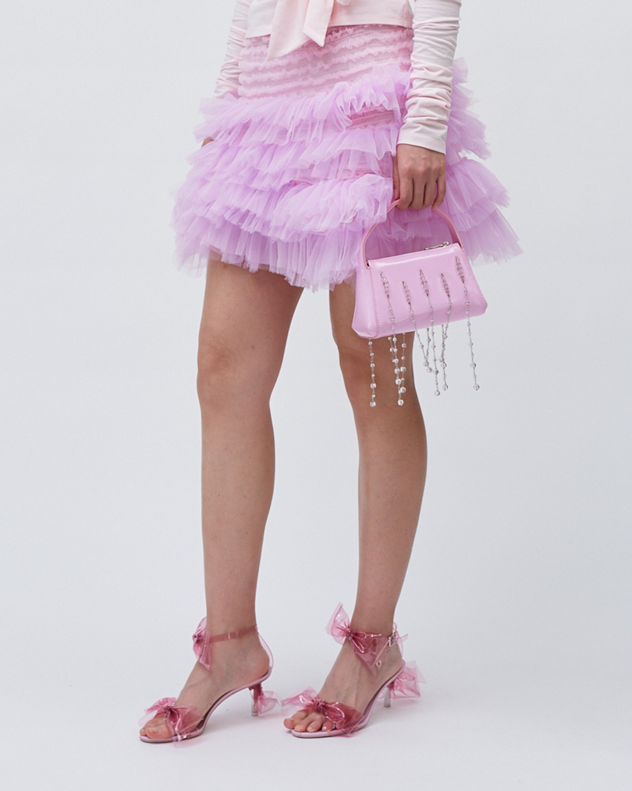 WOMENS MINI SKIRT SMOCKING AND RUFFLE SKIRT WITH ELASTIC WAISTBAND PINK