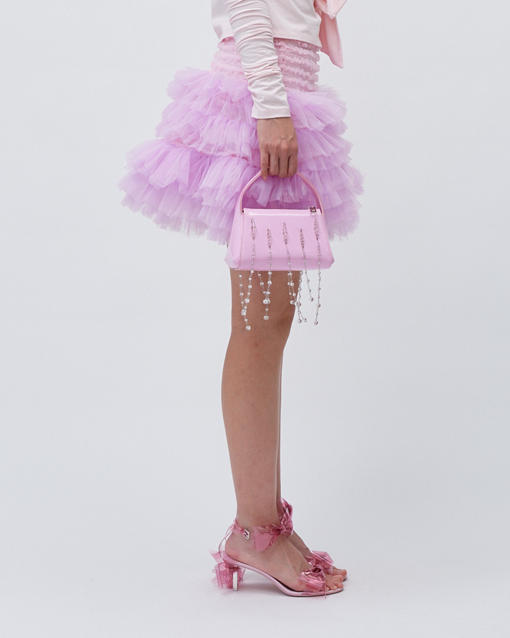 WOMENS MINI SKIRT SMOCKING AND RUFFLE SKIRT WITH ELASTIC WAISTBAND PINK