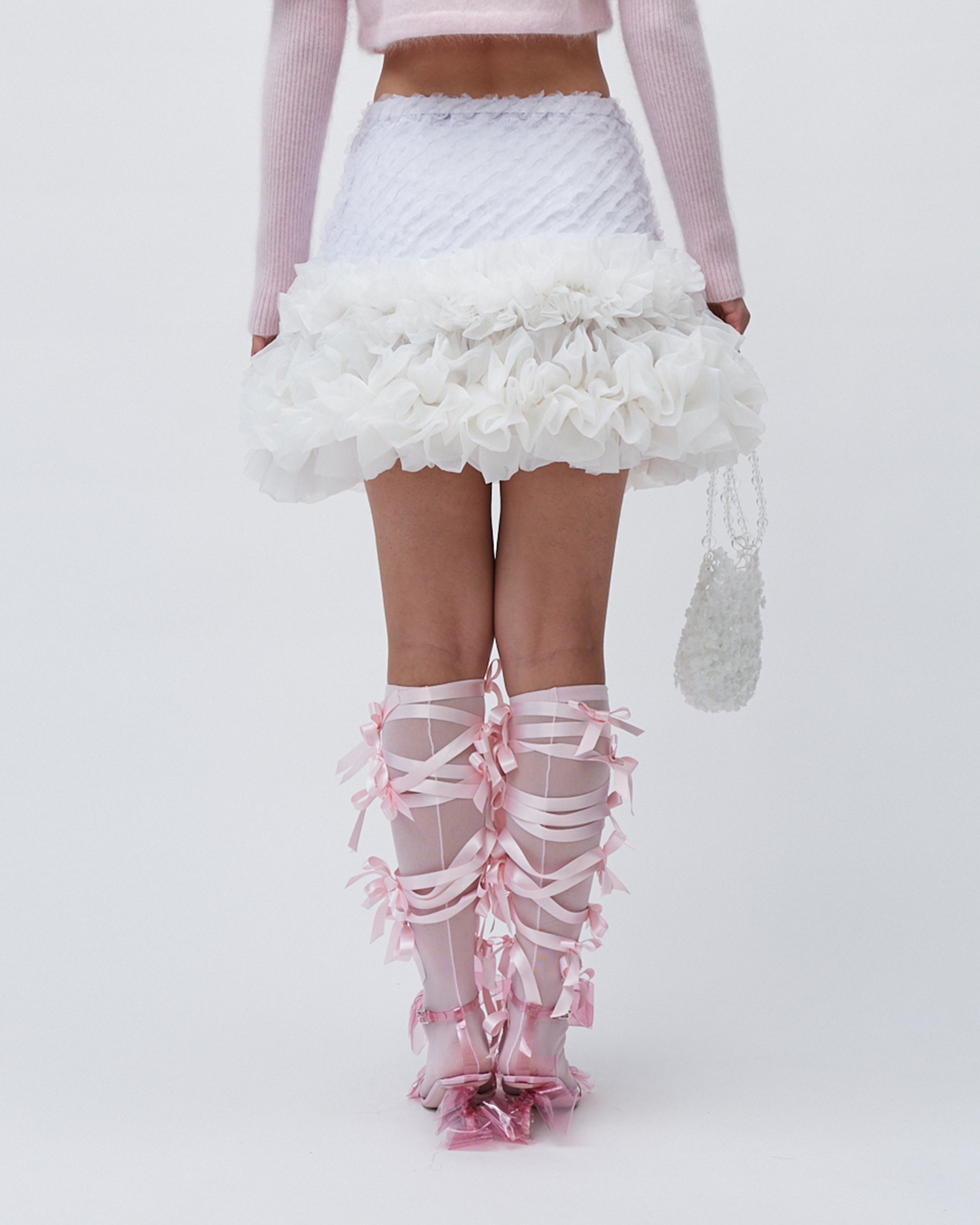 WOMENS MINI SKIRT SMOCKING AND RUFFLE SKIRT WITH ELASTIC WAISTBAND WHITE 