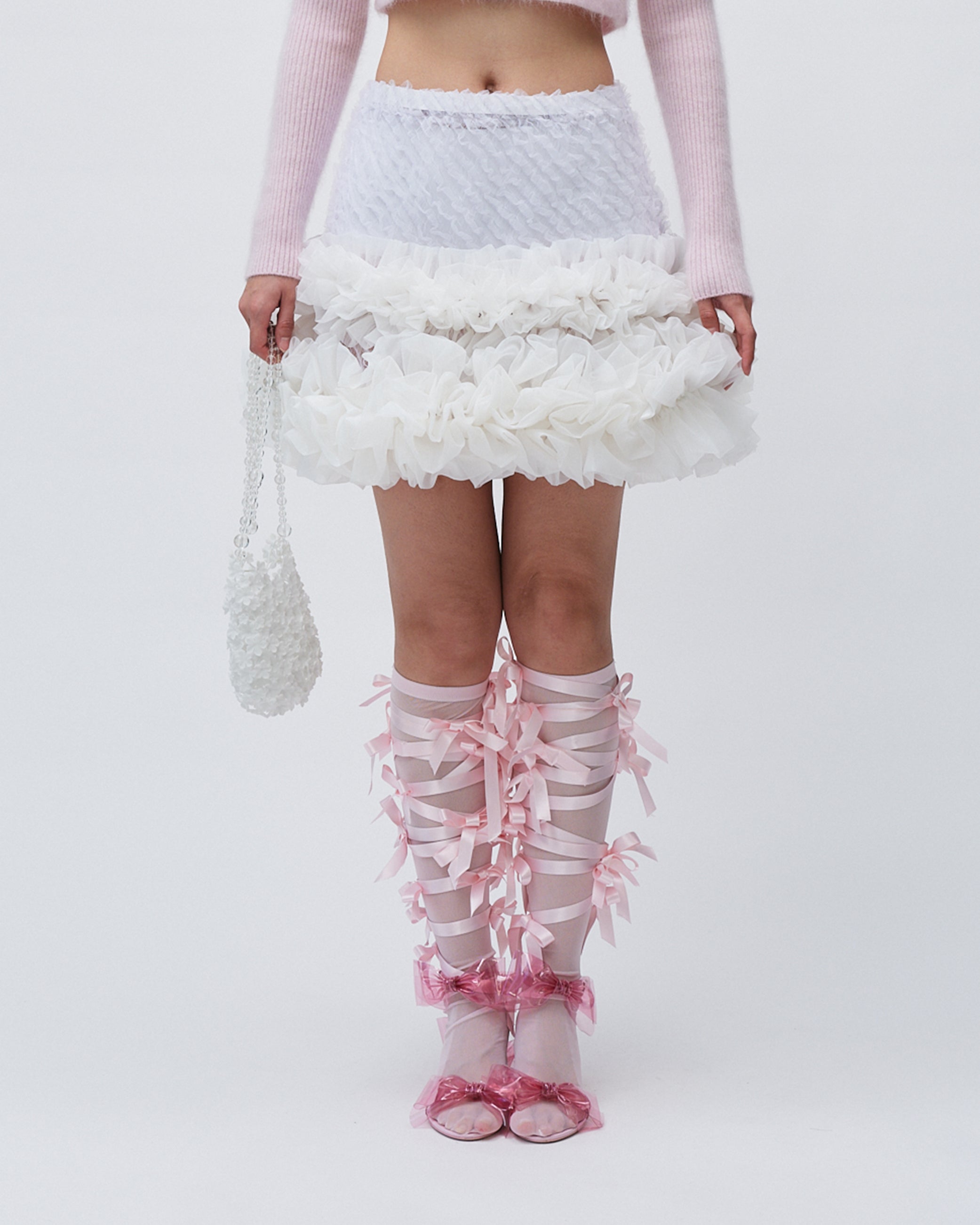 WOMENS MINI SKIRT SMOCKING AND RUFFLE SKIRT WITH ELASTIC WAISTBAND WHITE 