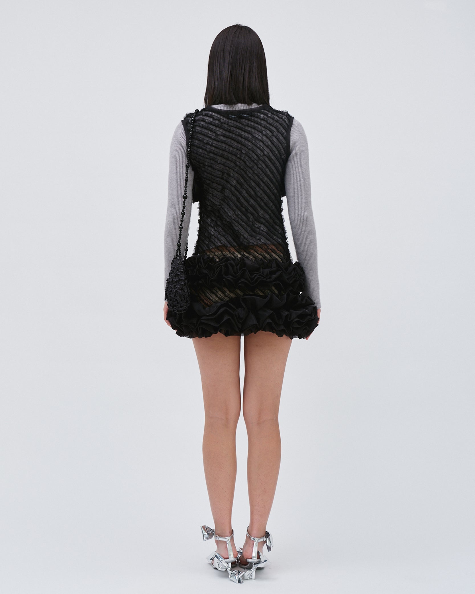 WOMENS BLACK RUFFLE SMOCKING MINI SKIRT SLEEVELESS 