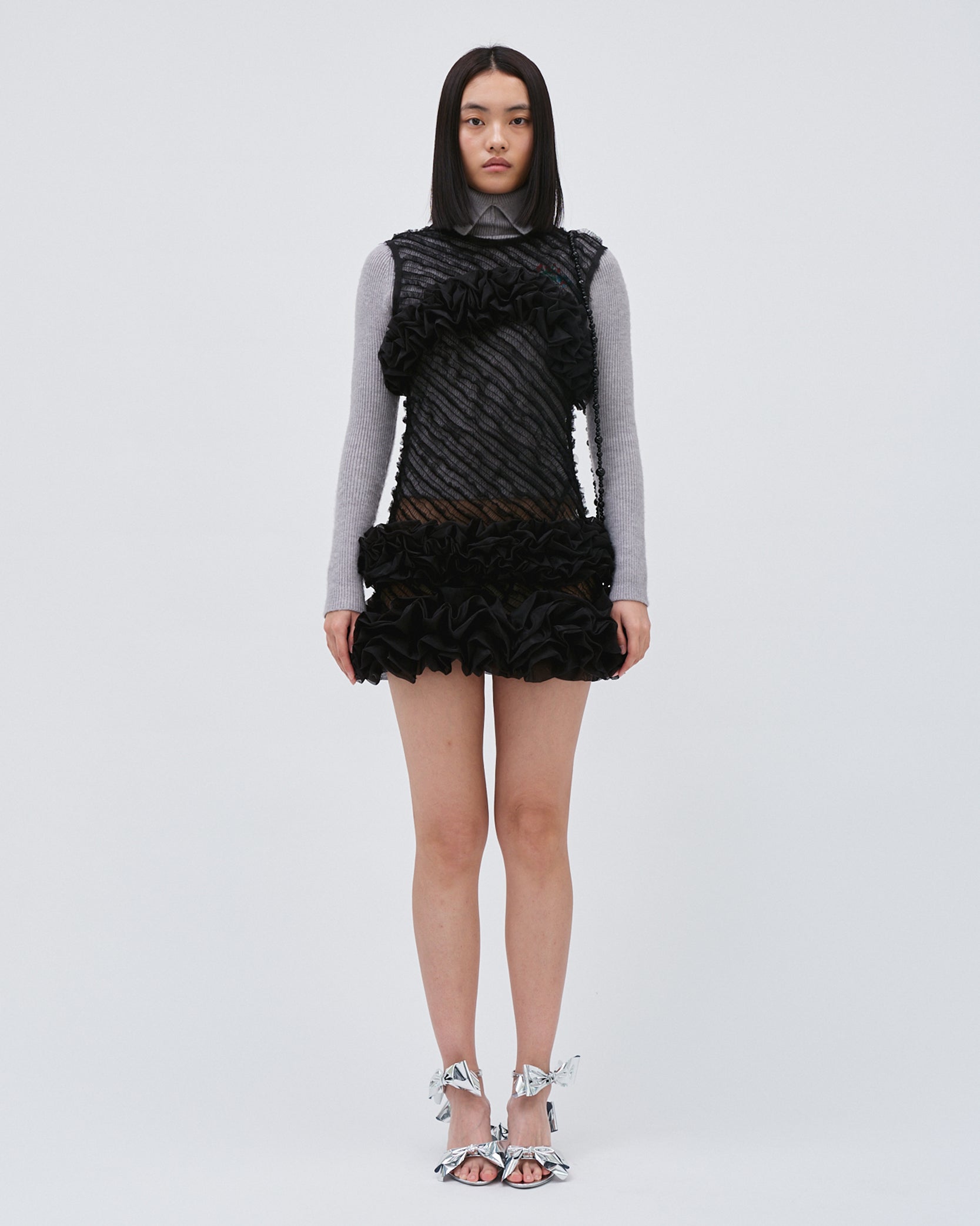 WOMENS BLACK RUFFLE SMOCKING MINI SKIRT SLEEVELESS 