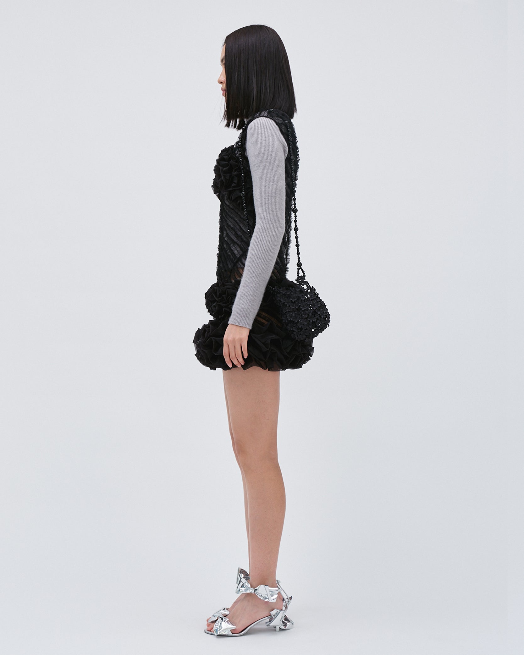 WOMENS BLACK RUFFLE SMOCKING MINI SKIRT SLEEVELESS 
