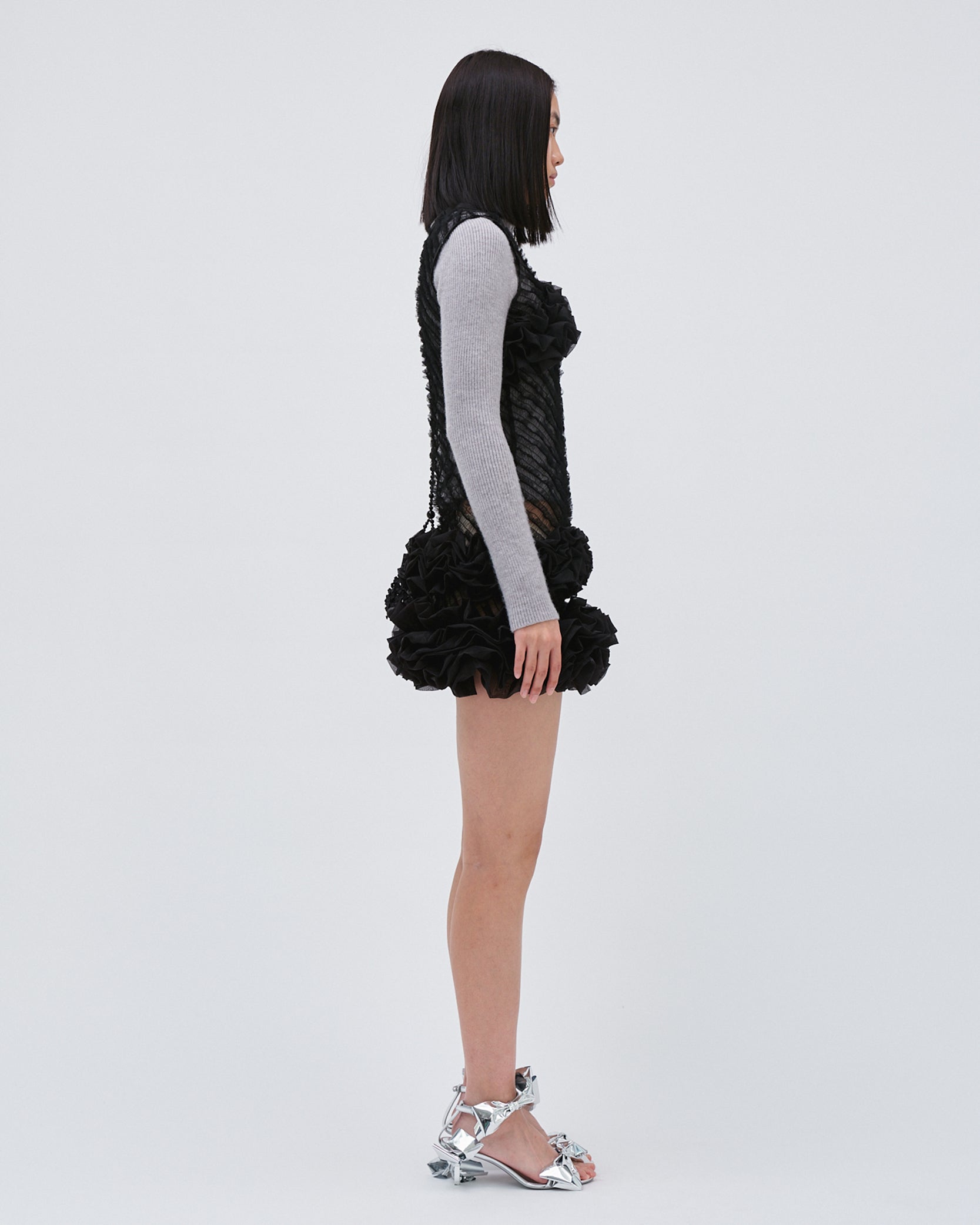 WOMENS BLACK RUFFLE SMOCKING MINI SKIRT SLEEVELESS 
