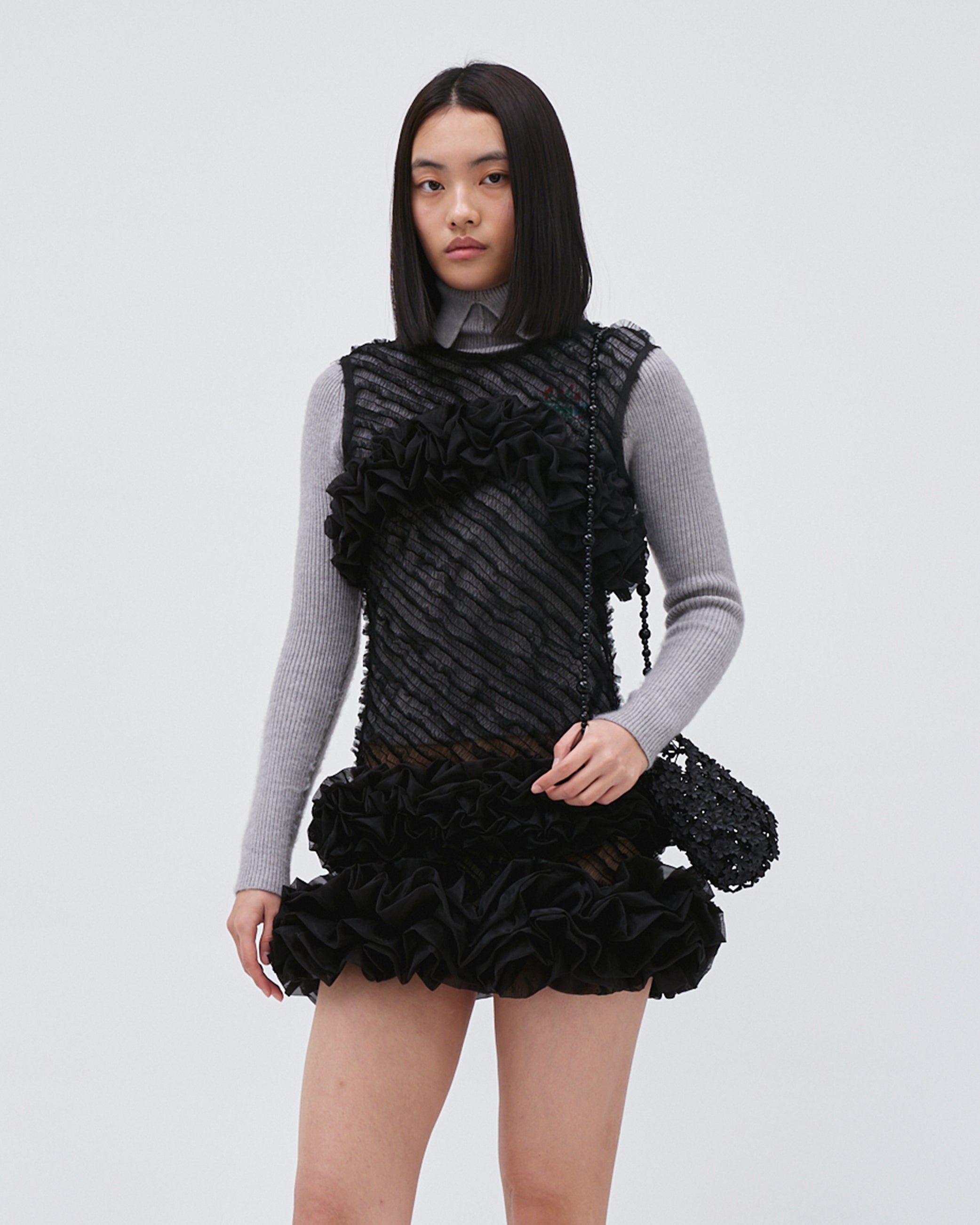 WOMENS BLACK RUFFLE SMOCKING MINI SKIRT SLEEVELESS 