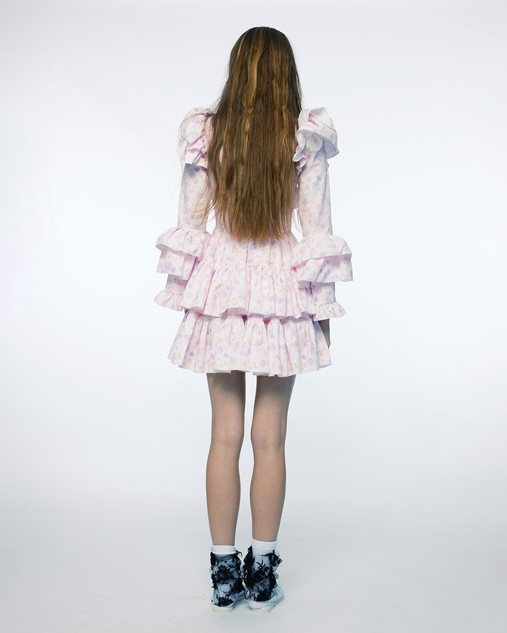 PINK WOMEN LONG SLEEVE TIERED RUFFLE MINI SHORT DRESS