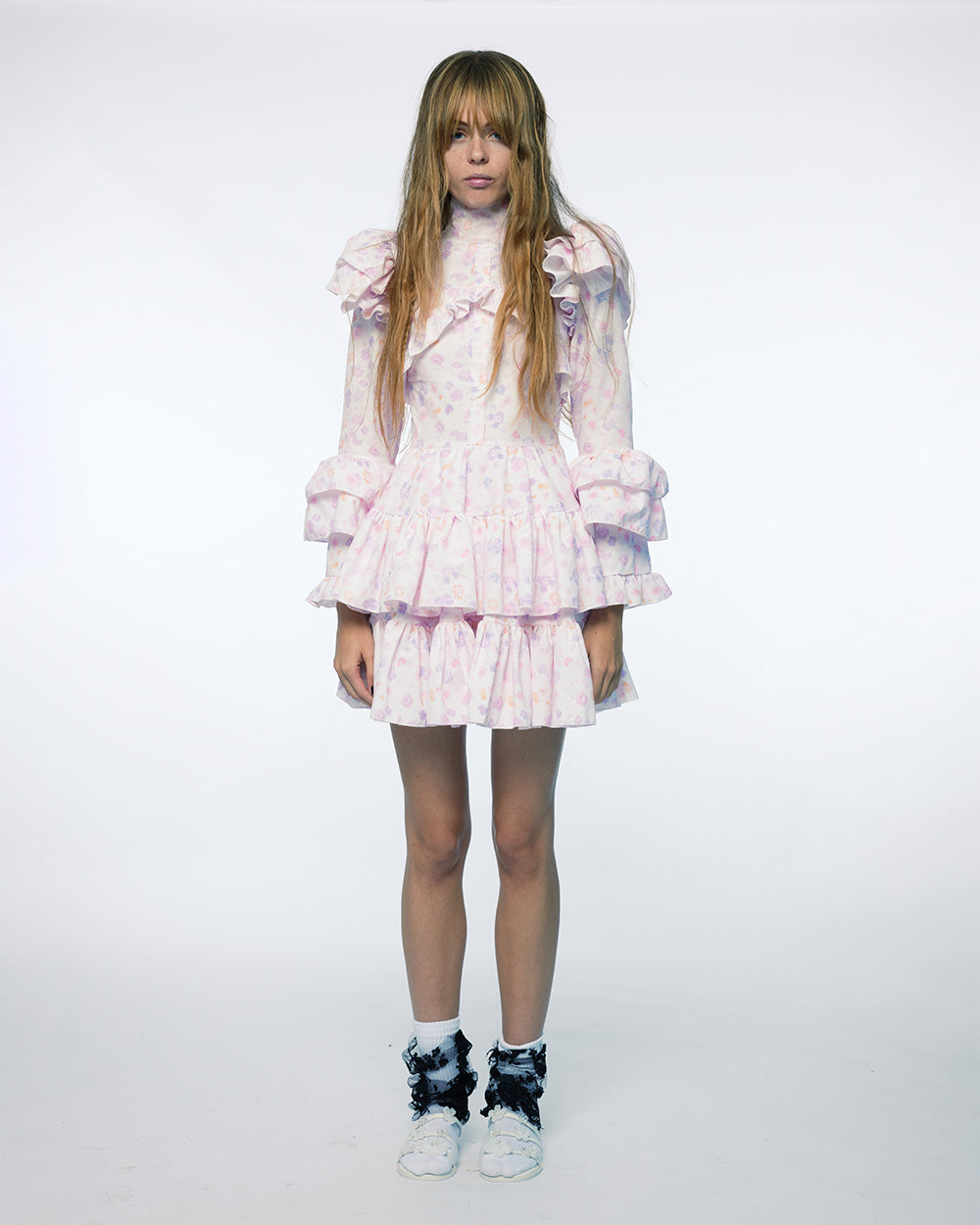 PINK WOMEN LONG SLEEVE TIERED RUFFLE MINI SHORT DRESS