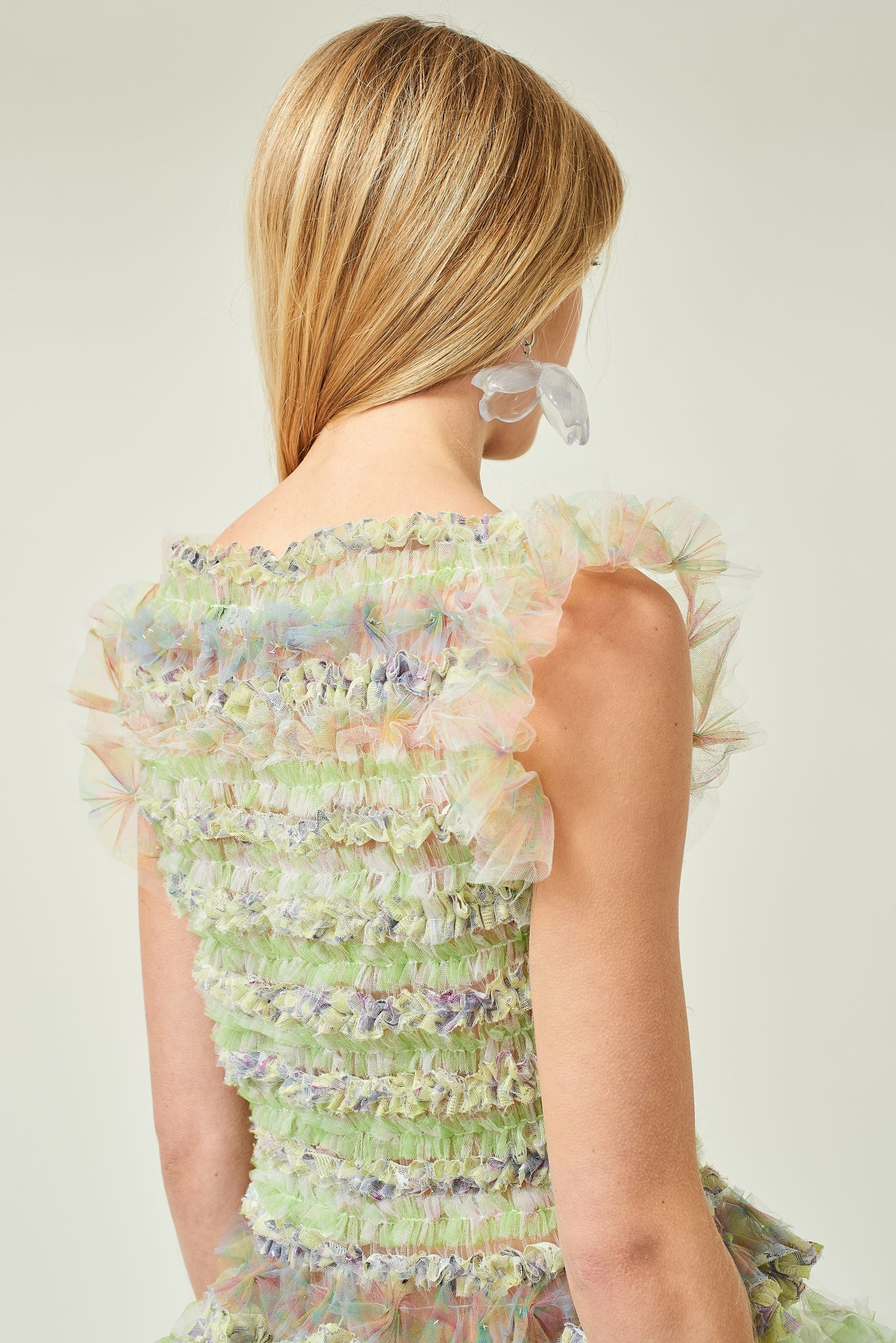WOMEN SHORT RUFFLE GREEN AIR FLOWER MINI DRESS