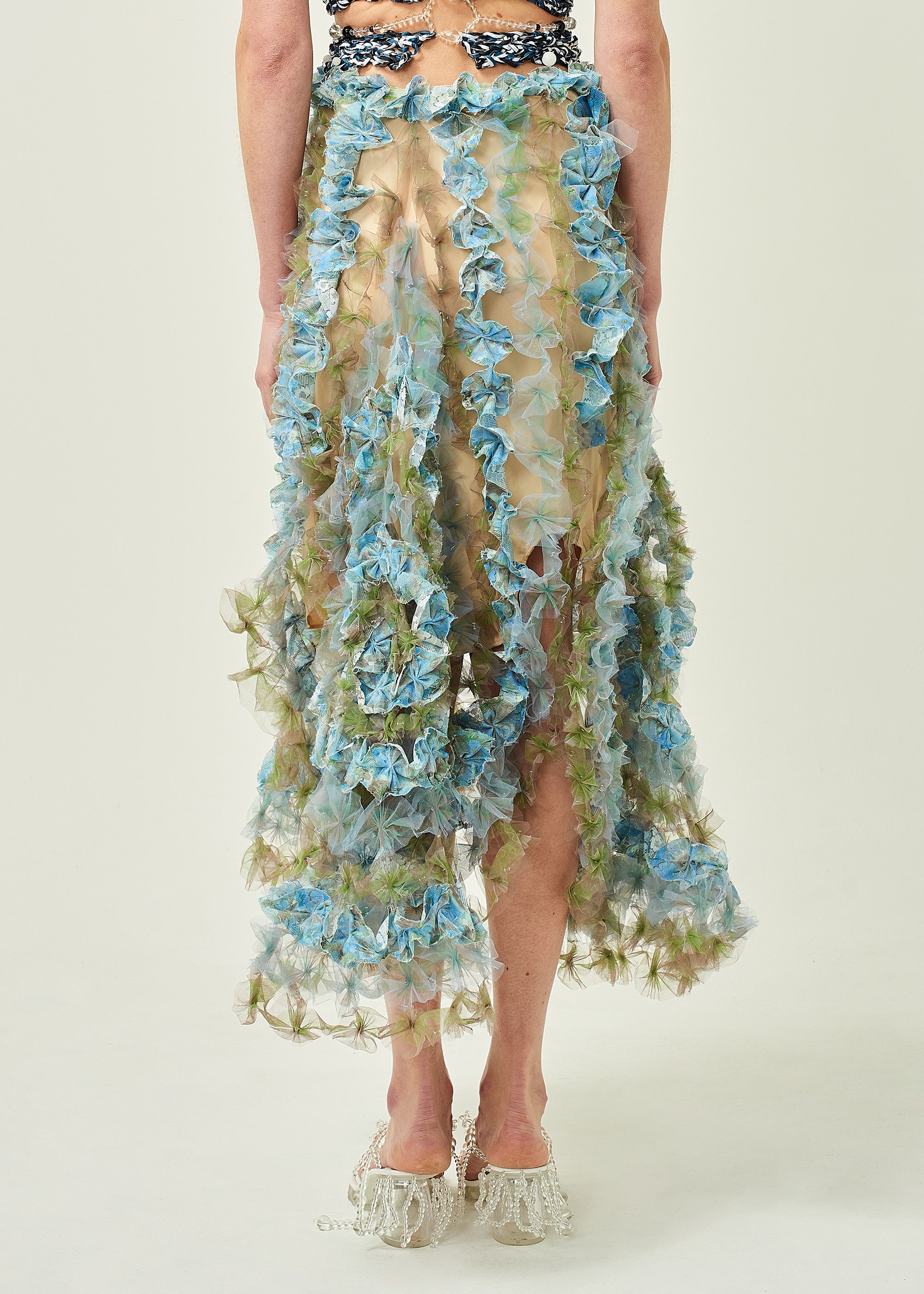 WOMEN MIDI BLUE AIR FLOWER PETAL SKIRT FLOWY