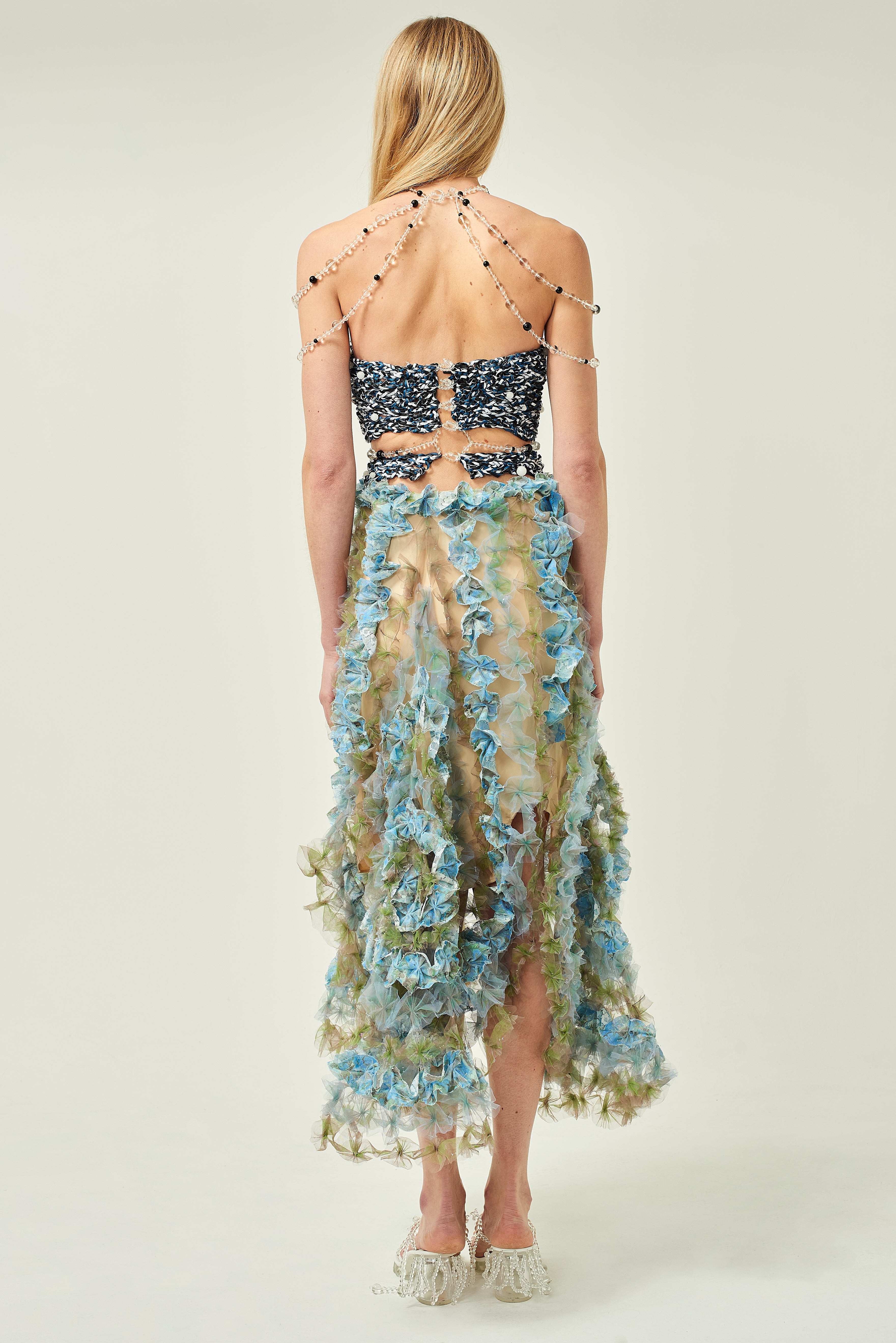 WOMEN MIDI BLUE AIR FLOWER PETAL SKIRT FLOWY