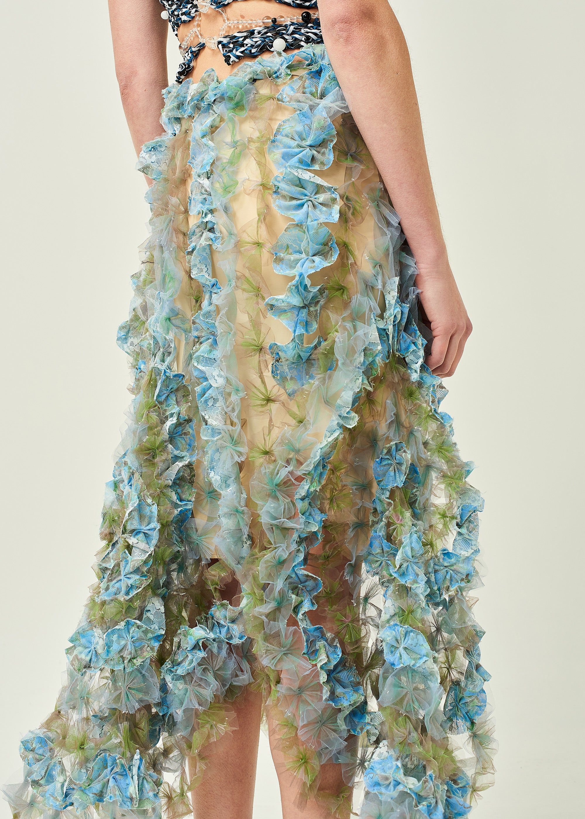 WOMEN MIDI BLUE AIR FLOWER PETAL SKIRT FLOWY