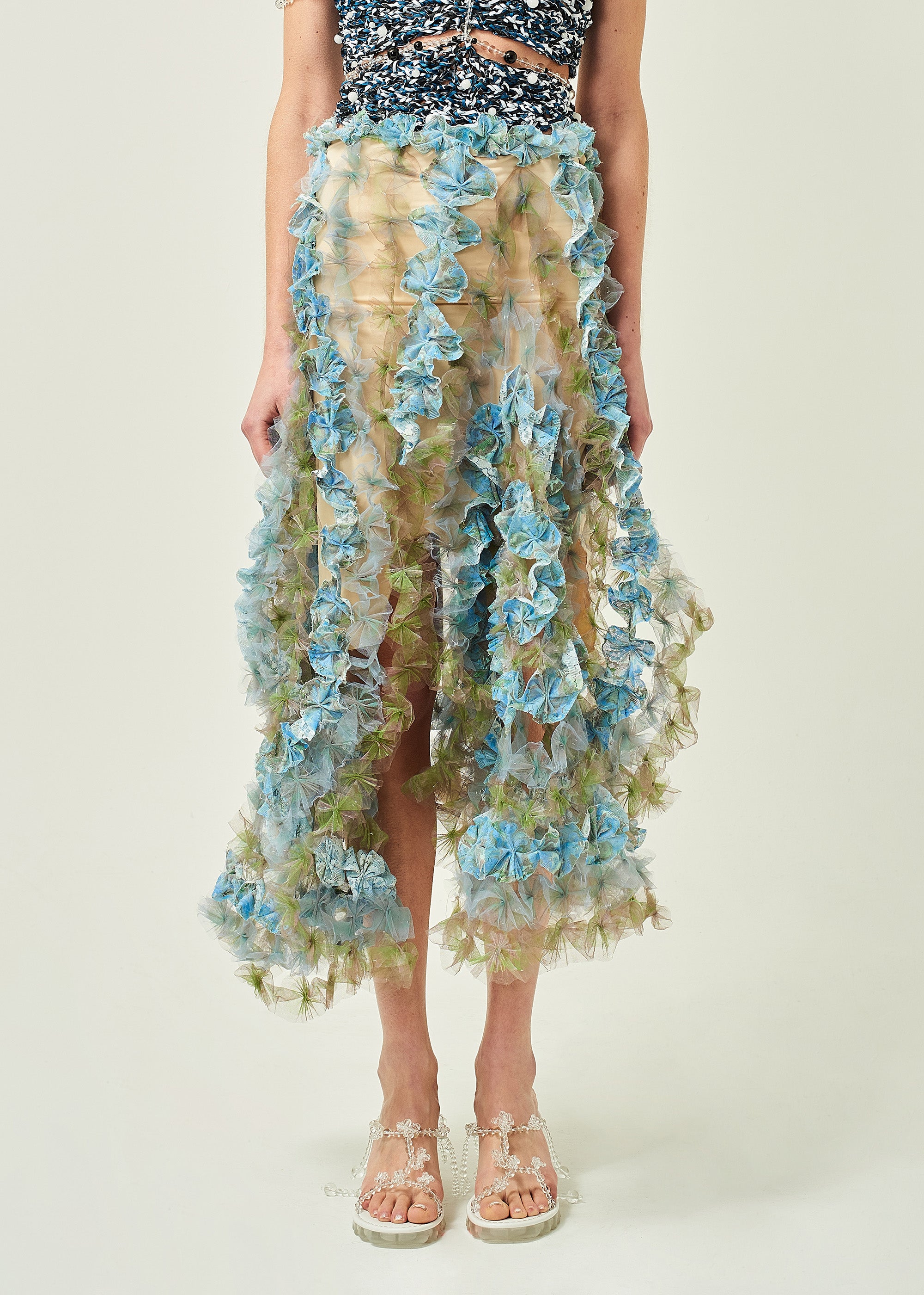 WOMEN MIDI BLUE AIR FLOWER PETAL SKIRT FLOWY
