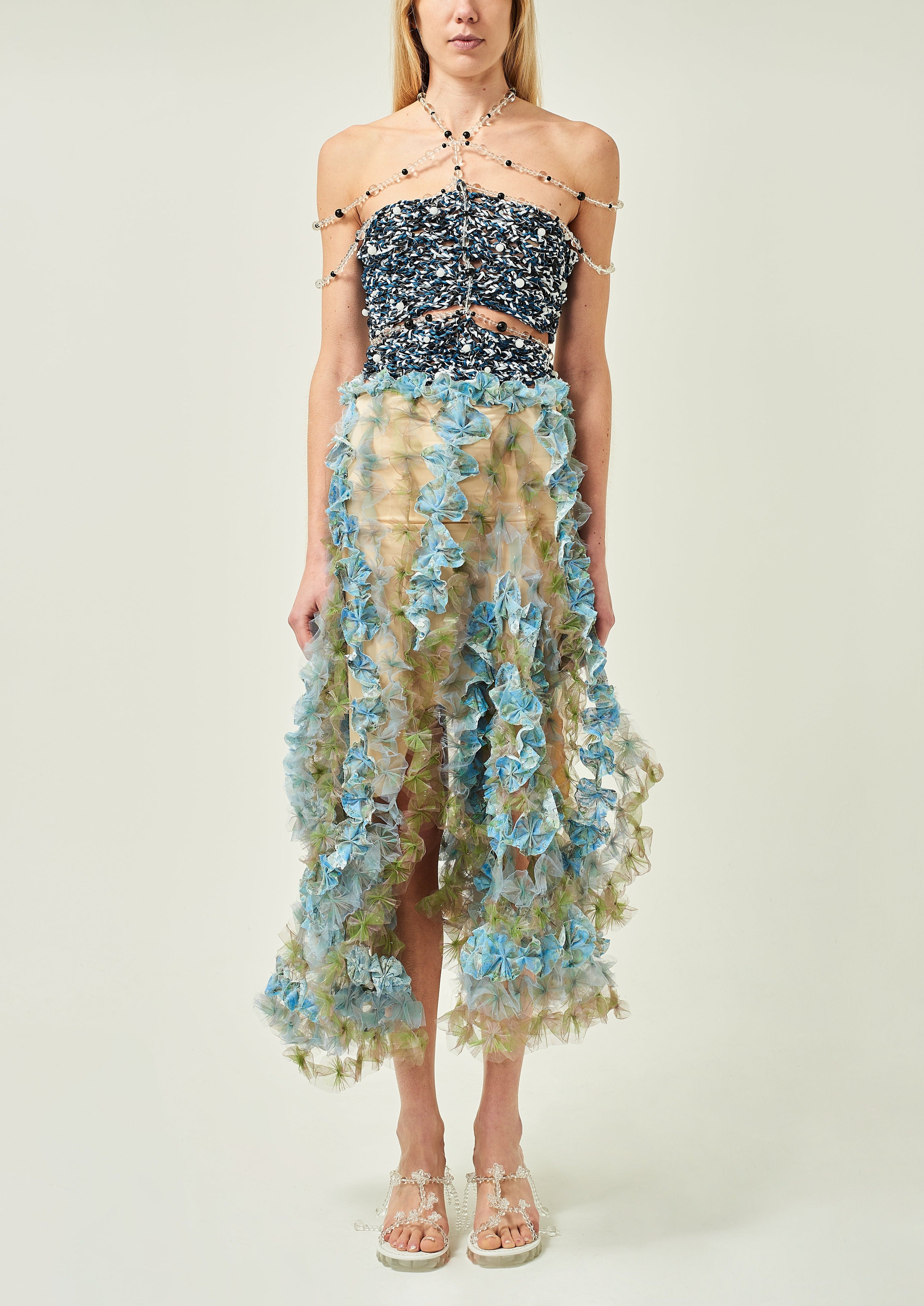 WOMEN MIDI BLUE AIR FLOWER PETAL SKIRT FLOWY
