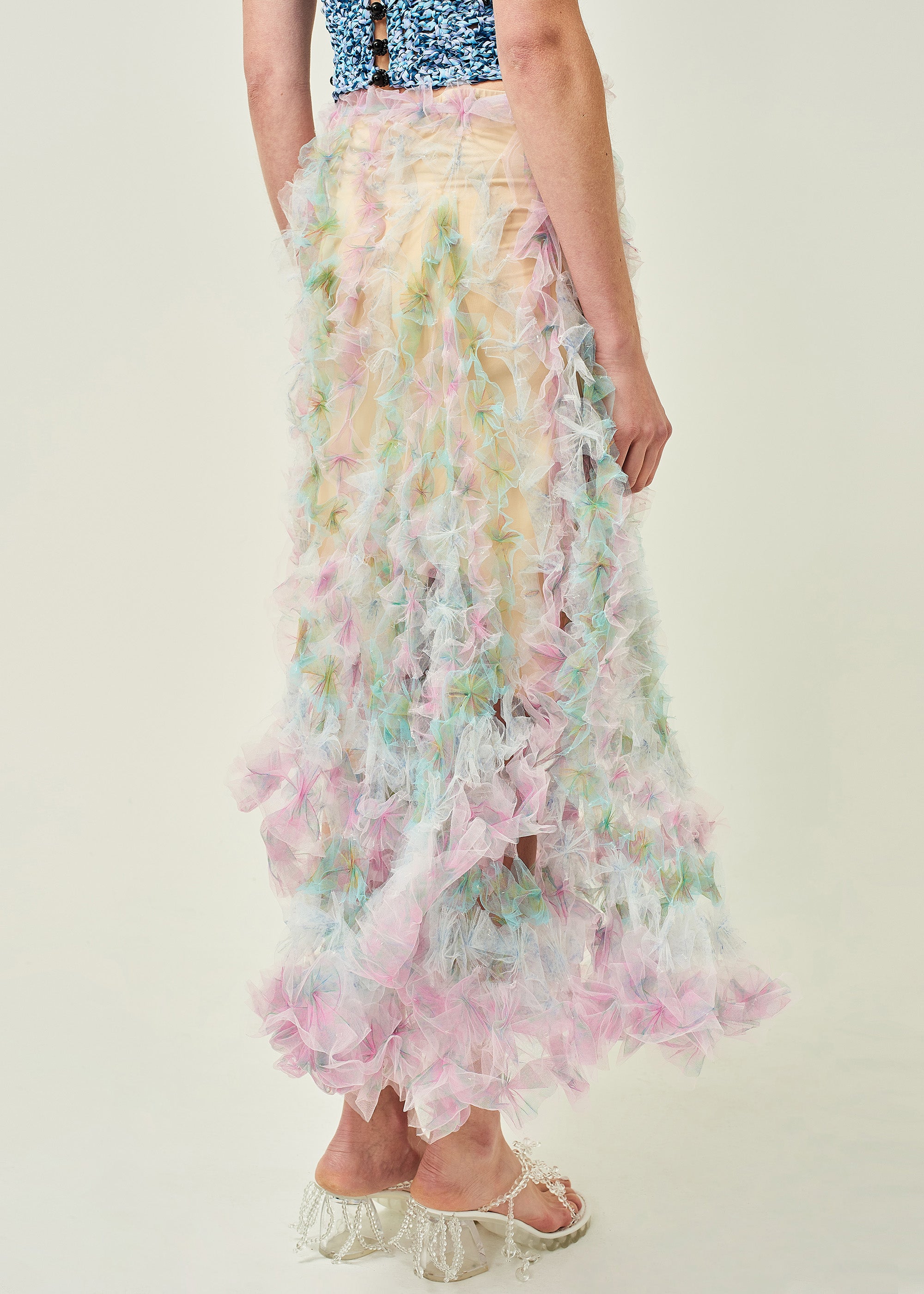 WOMEN PINK PASTEL MIDI AIR FLOWER PETAL SKIRT