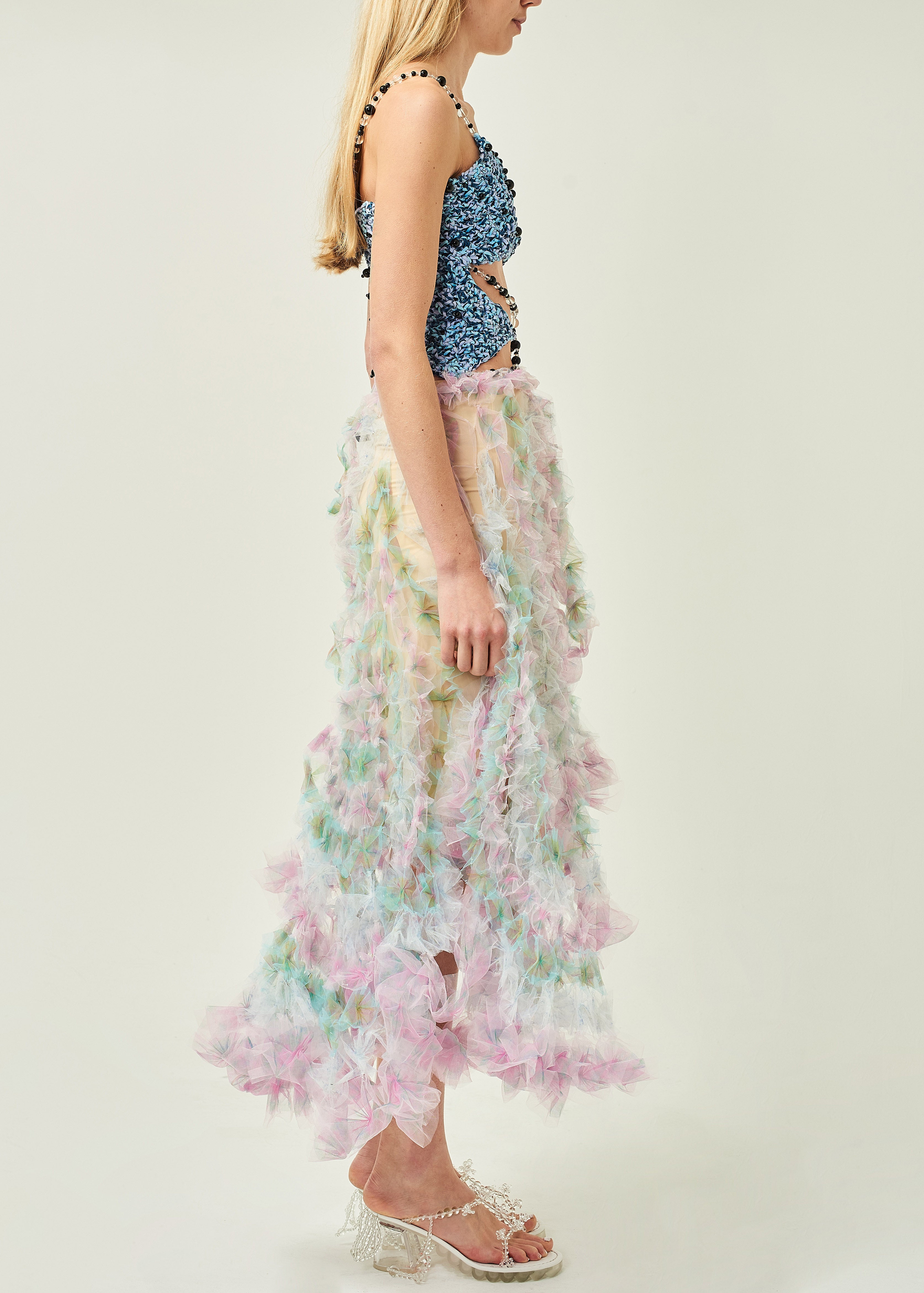 WOMEN PINK PASTEL MIDI AIR FLOWER PETAL SKIRT